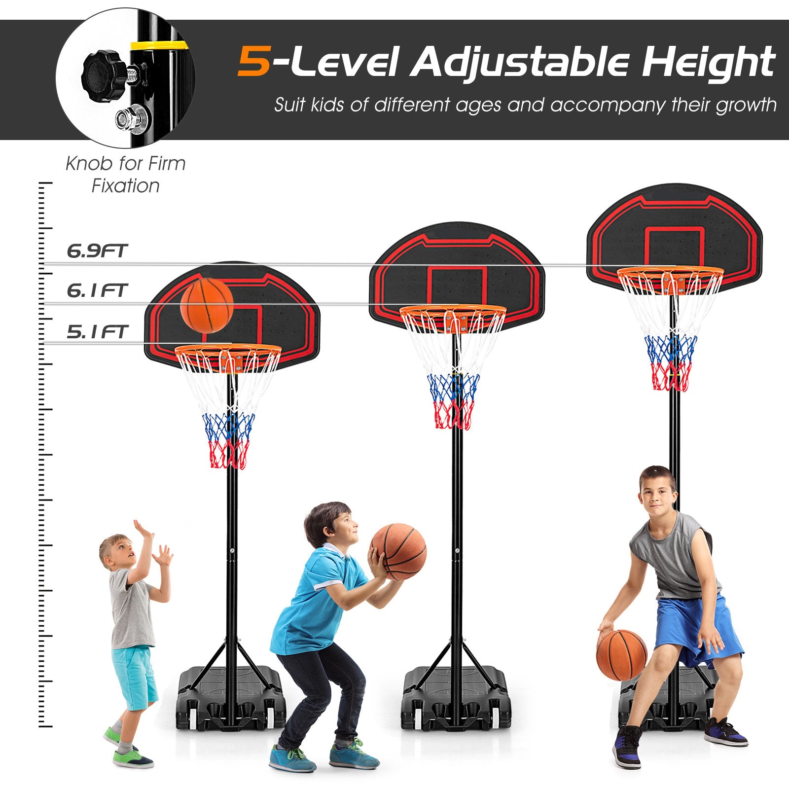 Adjustable Kids' Basketball Hoop Stand with Durable Net and Wheel, Black Sport Equipments   at Gallery Canada