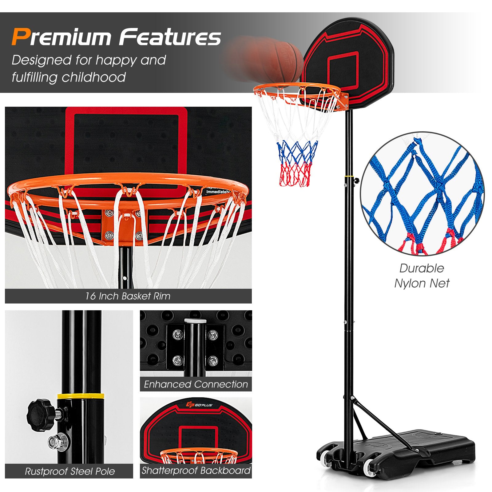 Adjustable Kids' Basketball Hoop Stand with Durable Net and Wheel, Black Sport Equipments   at Gallery Canada