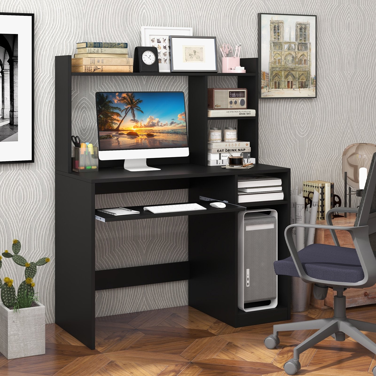 Home Office Computer Desk with Bookcase Keyboard Tray and CPU Stand, Black Computer Desks   at Gallery Canada