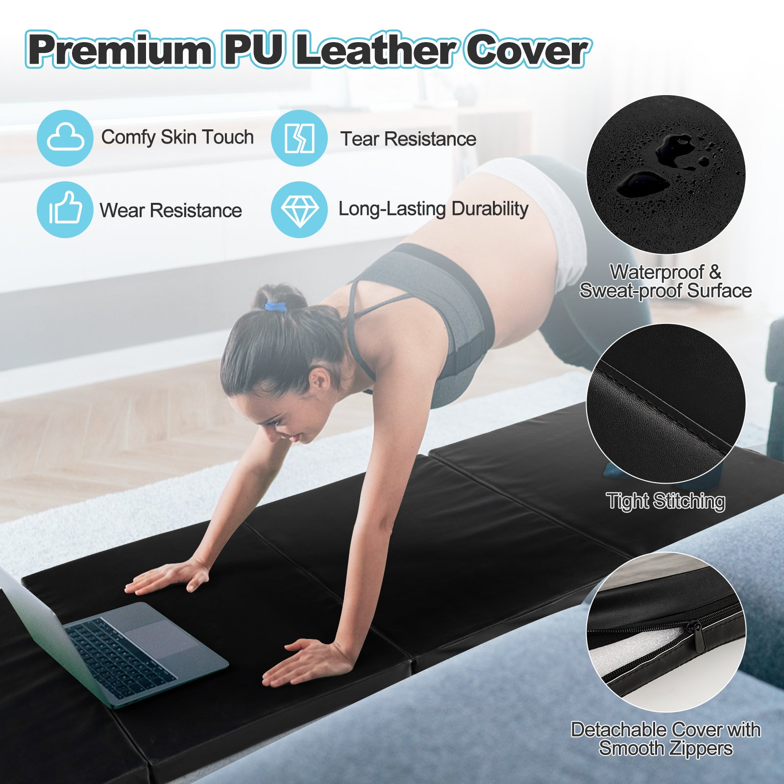 Folding Gymnastics Mat with Carry Handles and Sweatproof Detachable PU Leather Cover, Black Yoga & Gym Mats   at Gallery Canada