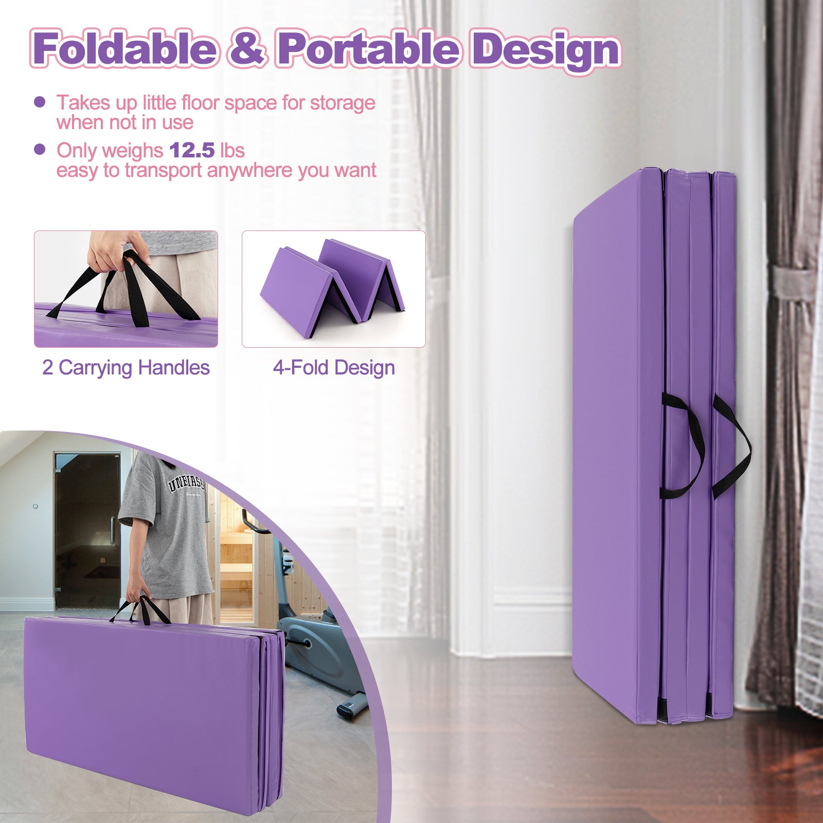 Folding Gymnastics Mat with Carry Handles and Sweatproof Detachable PU Leather Cover, Purple Yoga & Gym Mats   at Gallery Canada