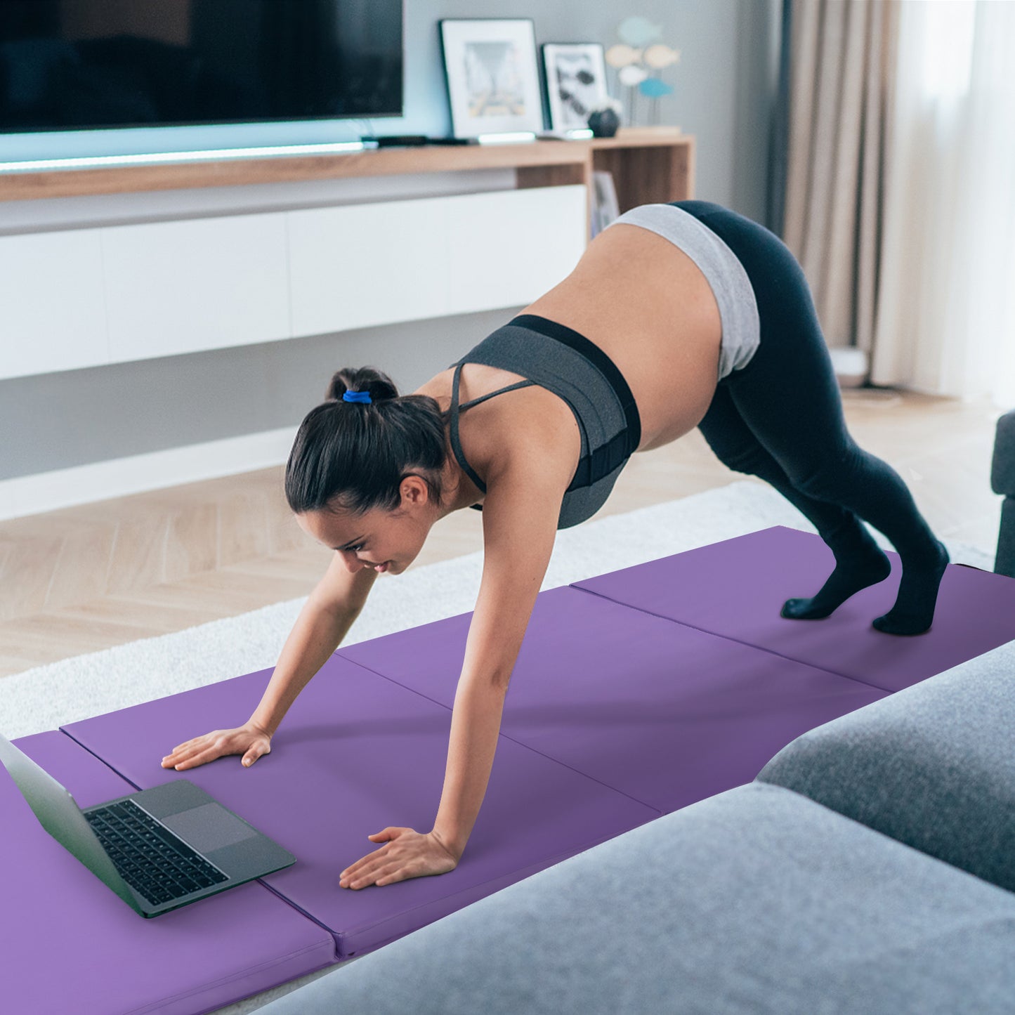 Folding Gymnastics Mat with Carry Handles and Sweatproof Detachable PU Leather Cover, Purple Yoga & Gym Mats   at Gallery Canada