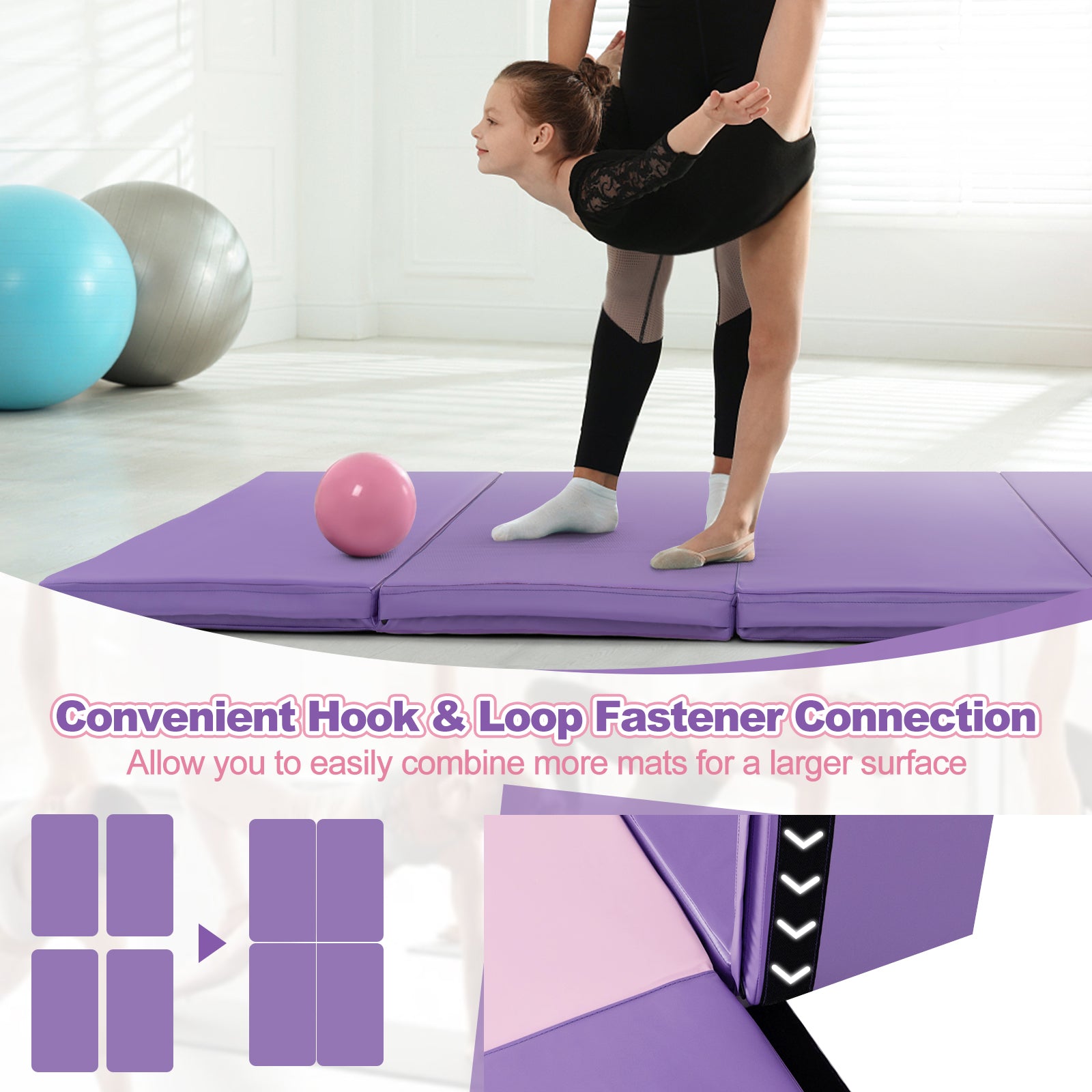 Folding Gymnastics Mat with Carry Handles and Sweatproof Detachable PU Leather Cover, Purple Yoga & Gym Mats   at Gallery Canada