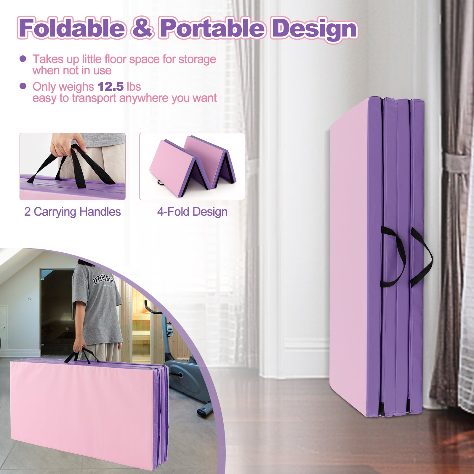 Folding Gymnastics Mat with Carry Handles and Sweatproof Detachable PU Leather Cover, Pink Yoga & Gym Mats   at Gallery Canada