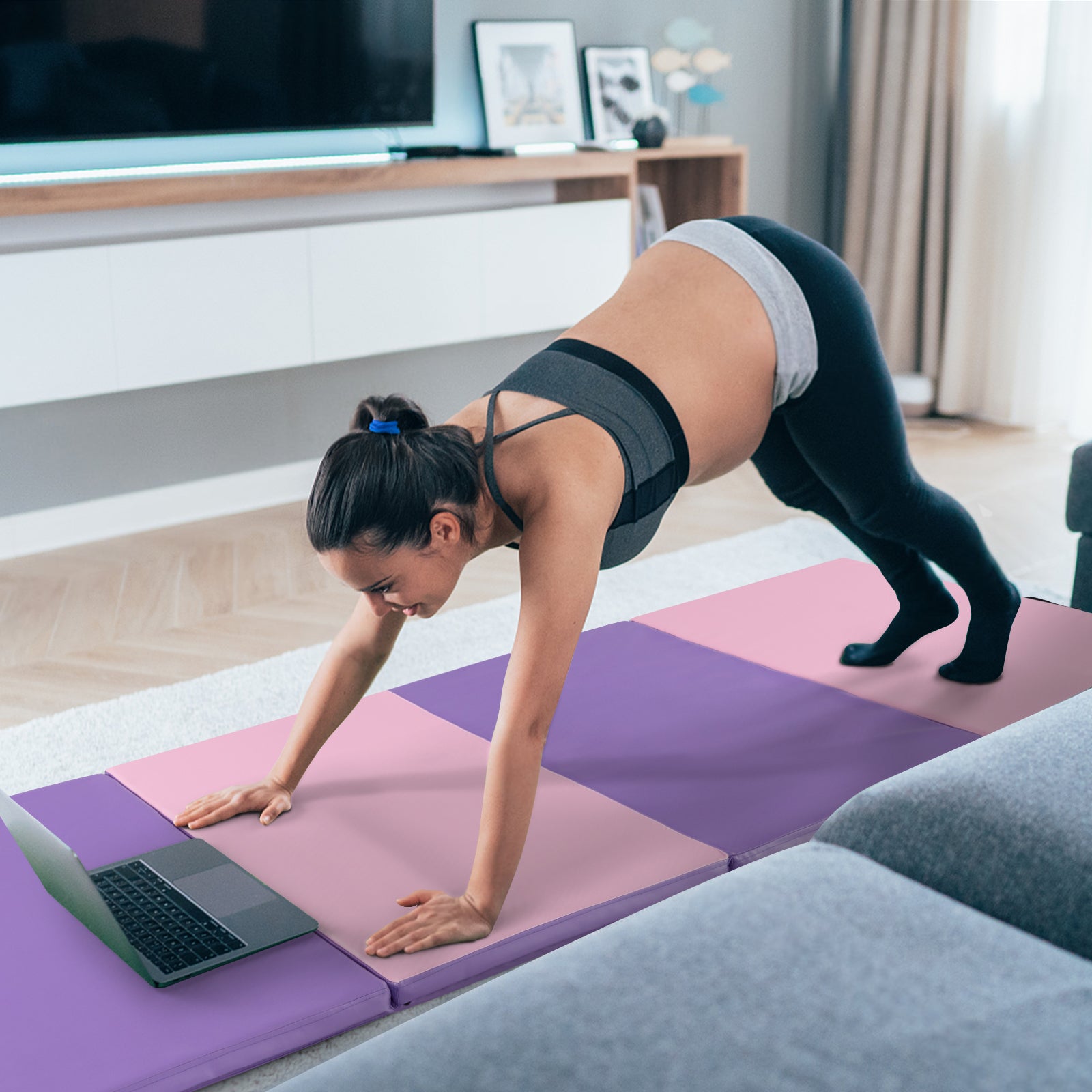 Folding Gymnastics Mat with Carry Handles and Sweatproof Detachable PU Leather Cover, Pink Yoga & Gym Mats   at Gallery Canada