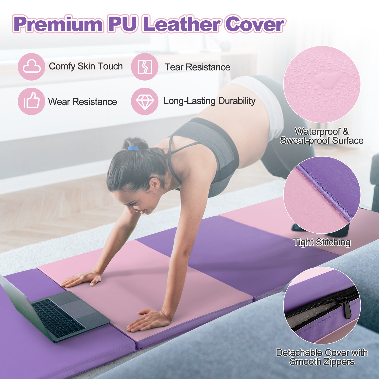 Folding Gymnastics Mat with Carry Handles and Sweatproof Detachable PU Leather Cover, Pink Yoga & Gym Mats   at Gallery Canada