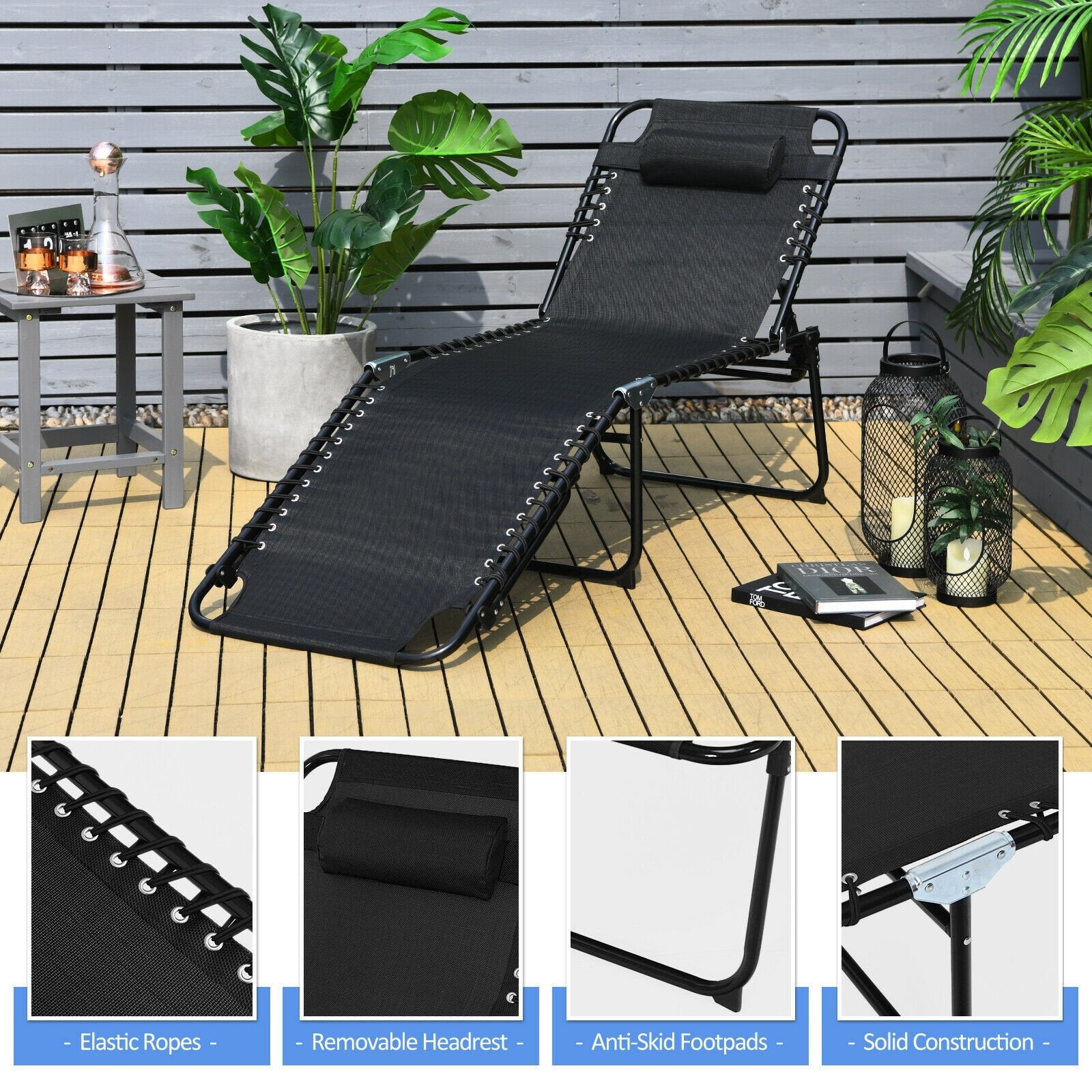 Foldable Recline Lounge Chair with Adjustable Backrest and Footrest, Black Outdoor Chaise Lounges   at Gallery Canada