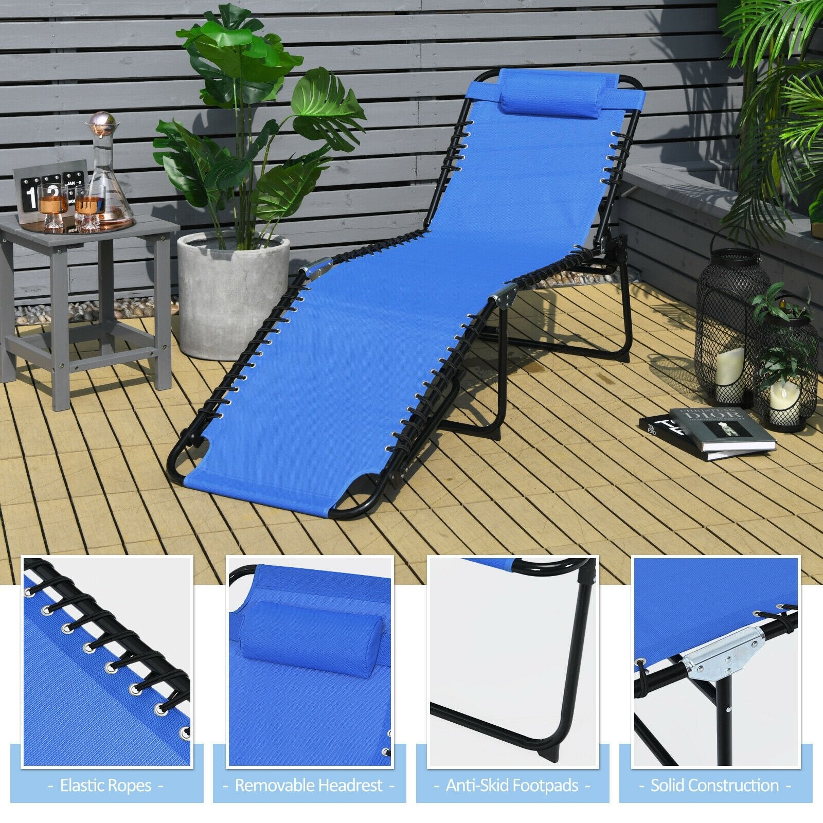 Foldable Recline Lounge Chair with Adjustable Backrest and Footrest, Blue Outdoor Chaise Lounges   at Gallery Canada