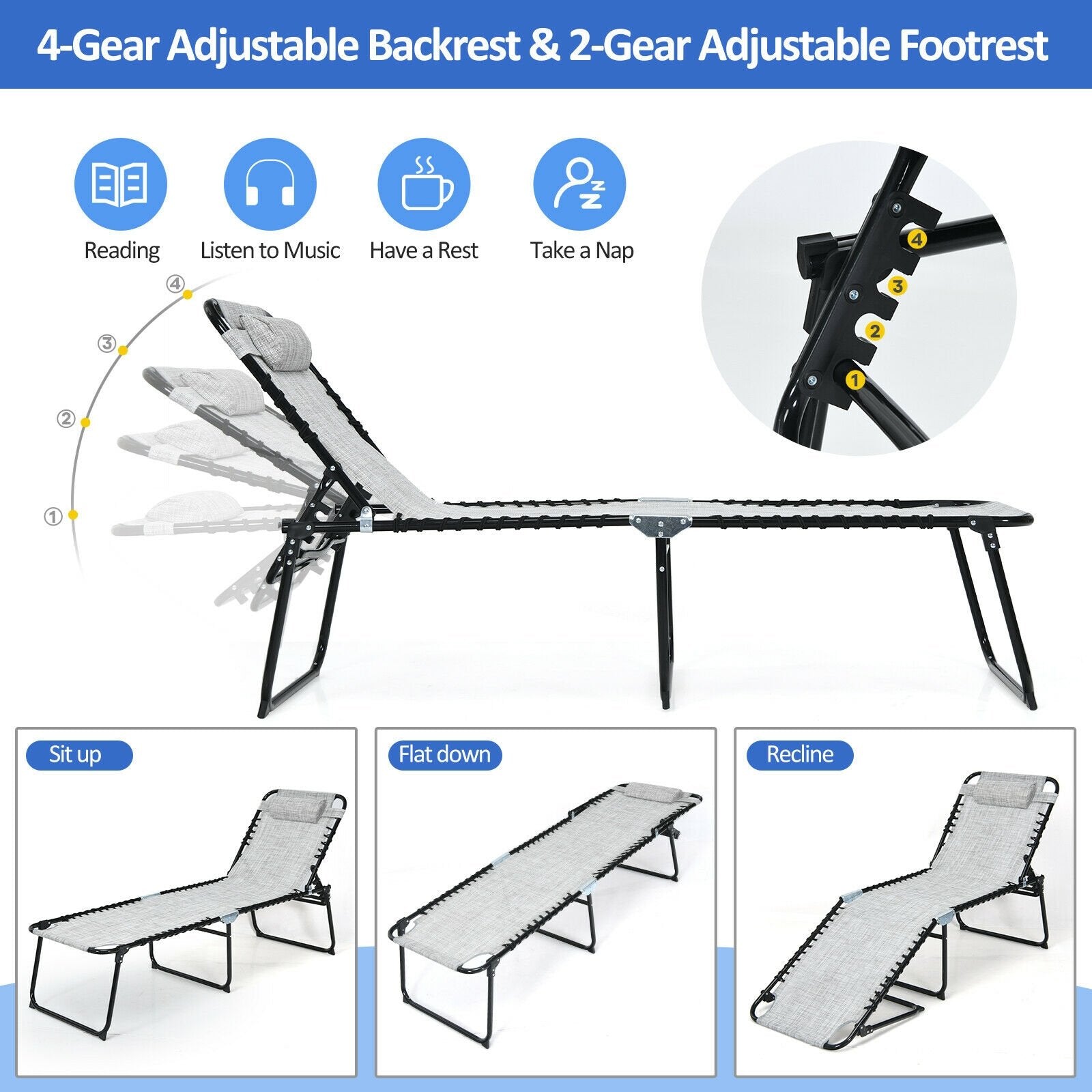 Foldable Recline Lounge Chair with Adjustable Backrest and Footrest, Gray Outdoor Chaise Lounges   at Gallery Canada