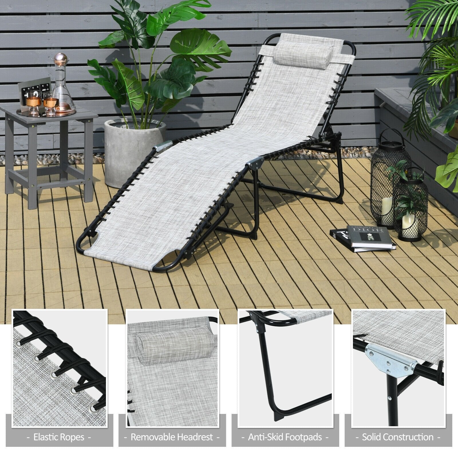 Foldable Recline Lounge Chair with Adjustable Backrest and Footrest, Gray Outdoor Chaise Lounges   at Gallery Canada