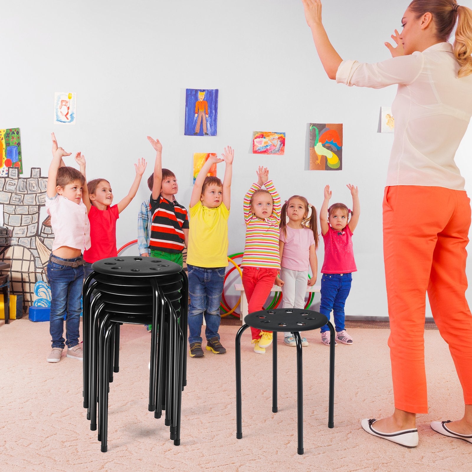 Set of 6 Portable Plastic Stack Stools , Black Dining Chairs   at Gallery Canada