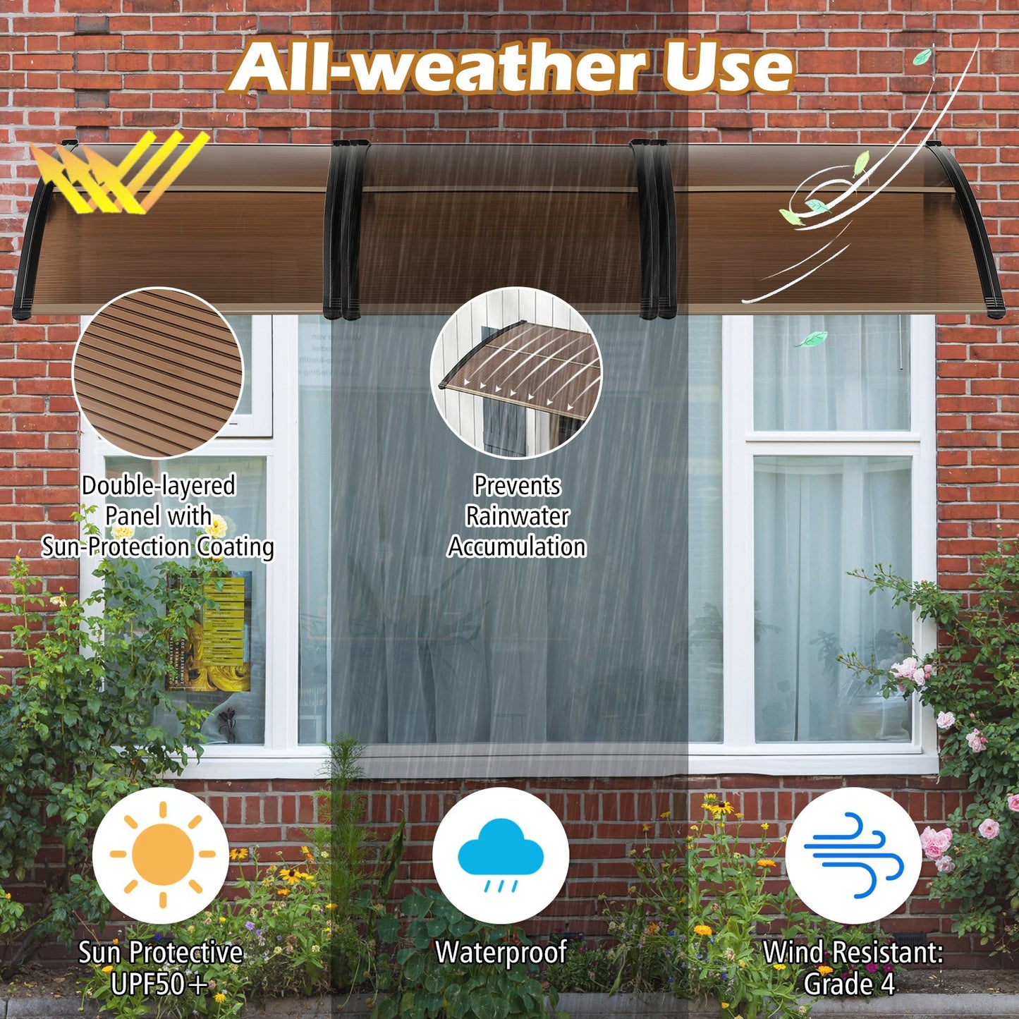 Outdoor Front Door Patio Overhang Awning for Sunlight Rain Snow Wind Protection-48 x 40 Inch, Brown - Gallery Canada