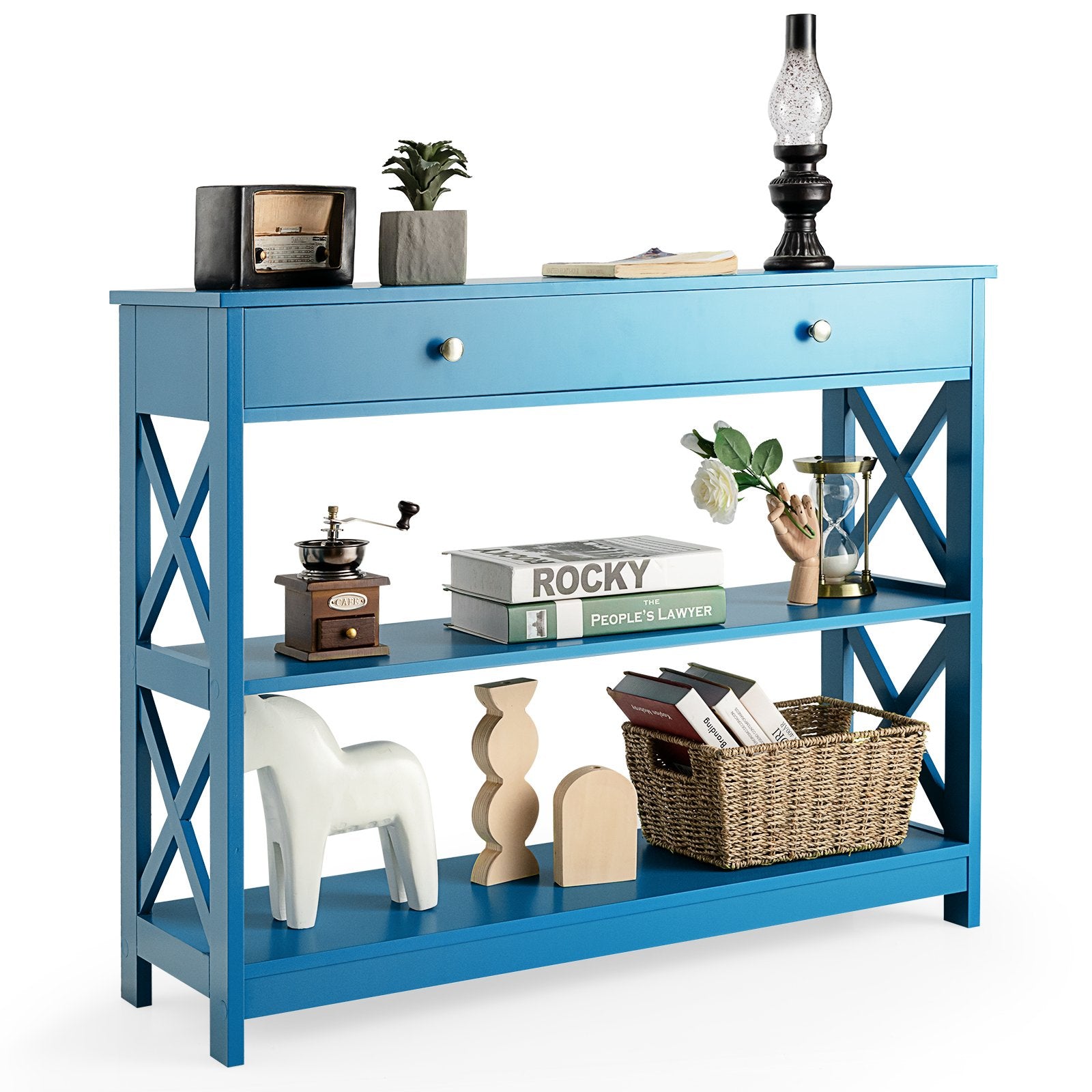 Console Table 3-Tier with Drawer and Storage Shelves, Blue Console Tables   at Gallery Canada