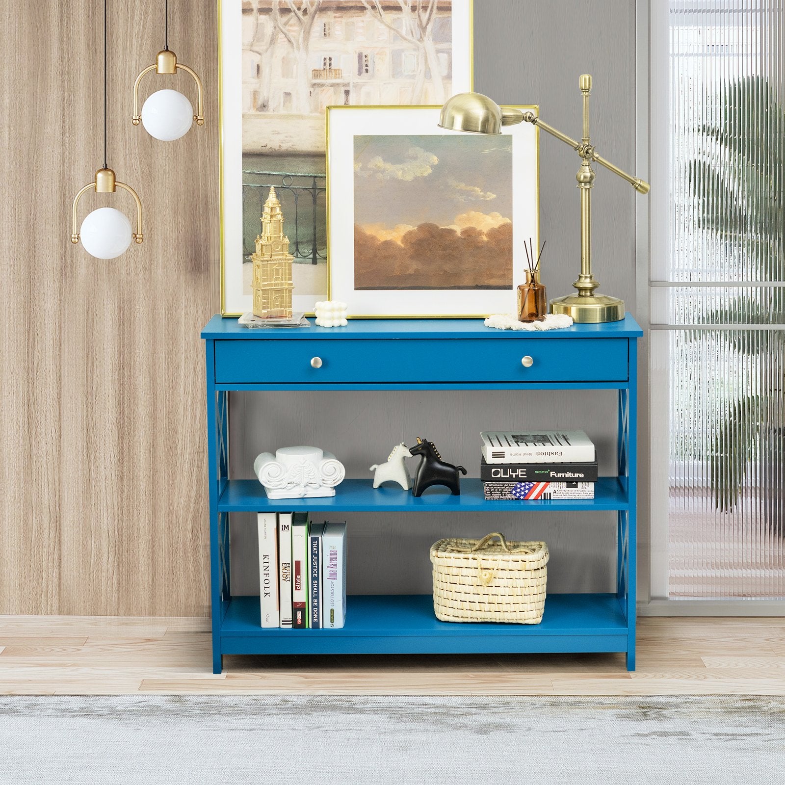 Console Table 3-Tier with Drawer and Storage Shelves, Blue Console Tables   at Gallery Canada