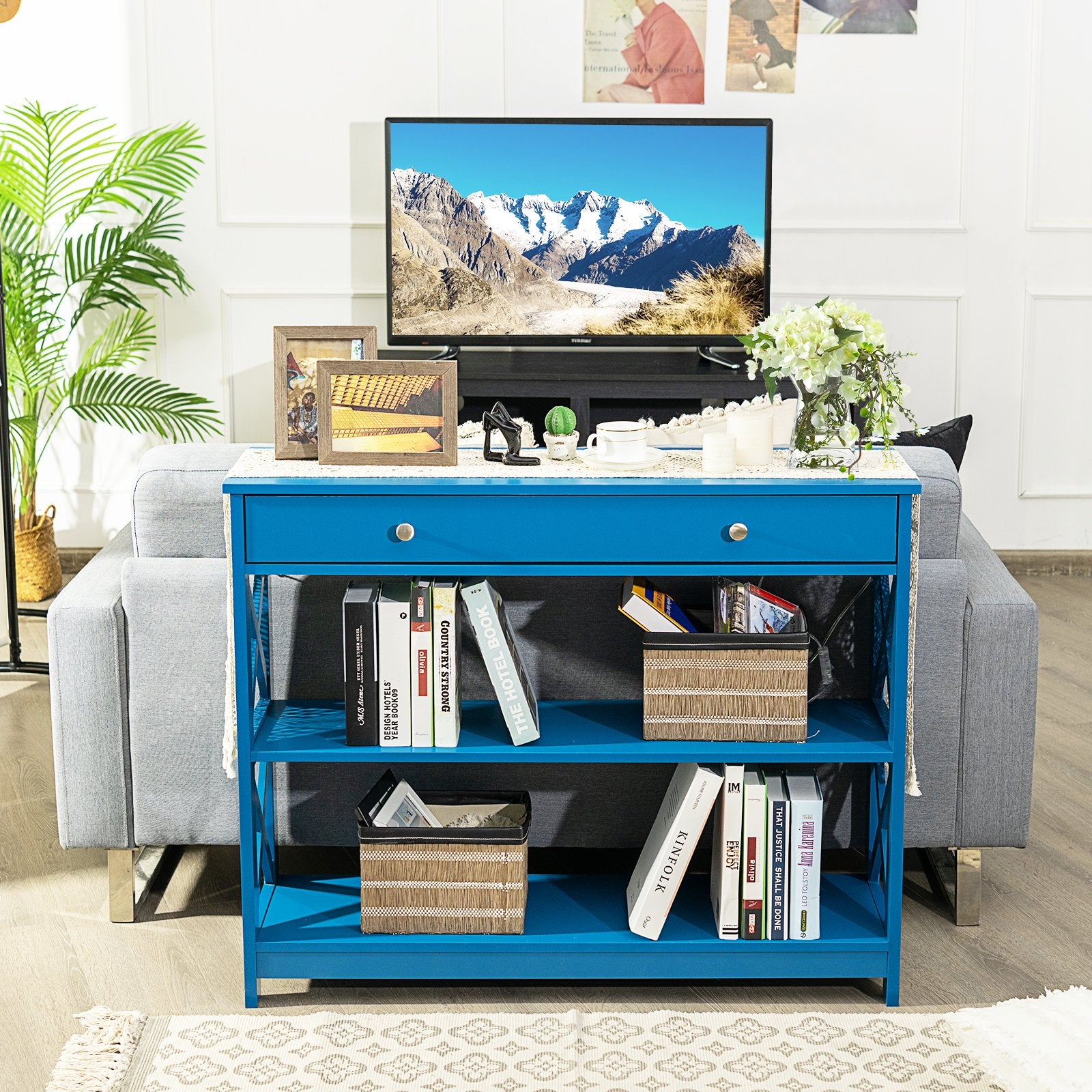 Console Table 3-Tier with Drawer and Storage Shelves, Blue Console Tables   at Gallery Canada