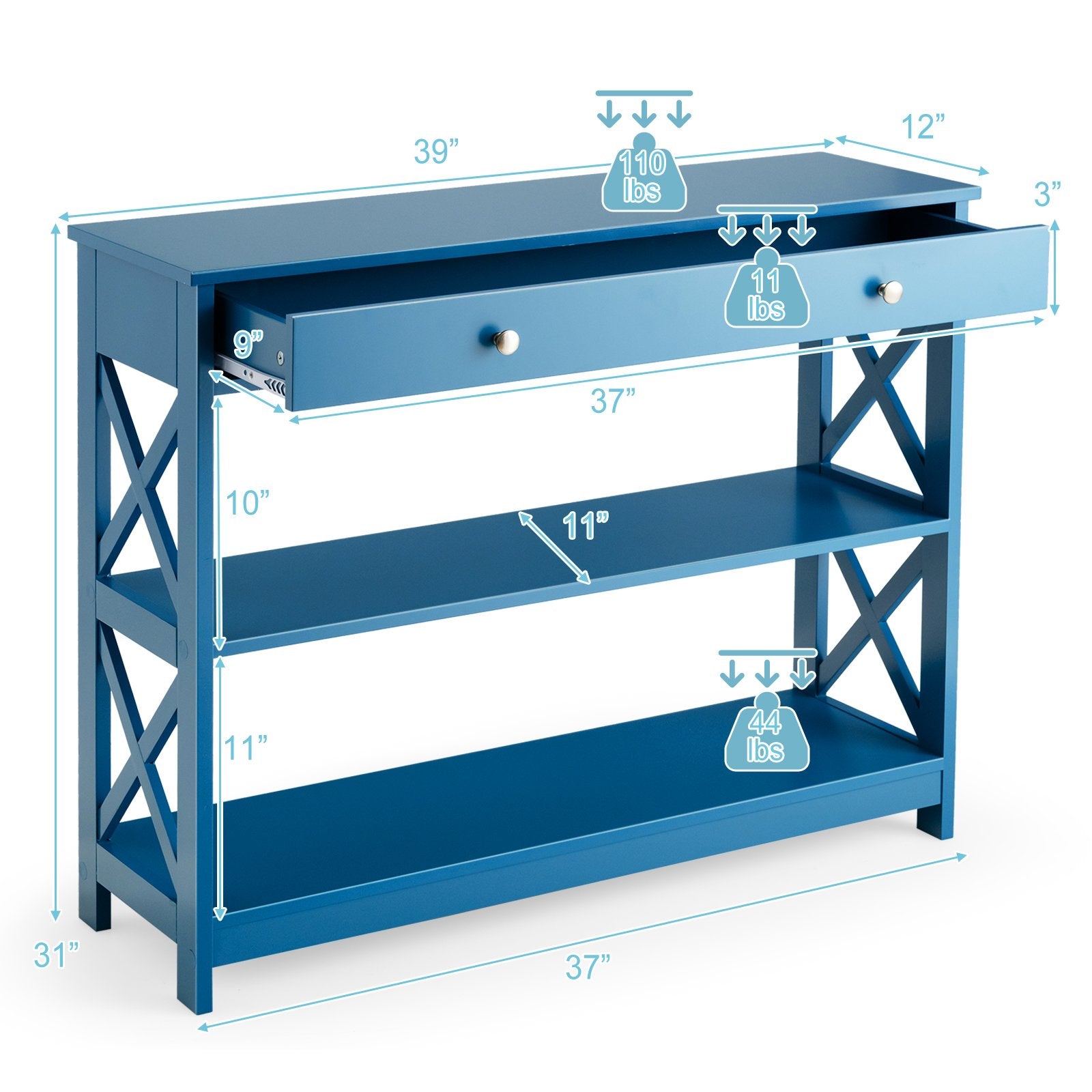 Console Table 3-Tier with Drawer and Storage Shelves, Blue Console Tables   at Gallery Canada