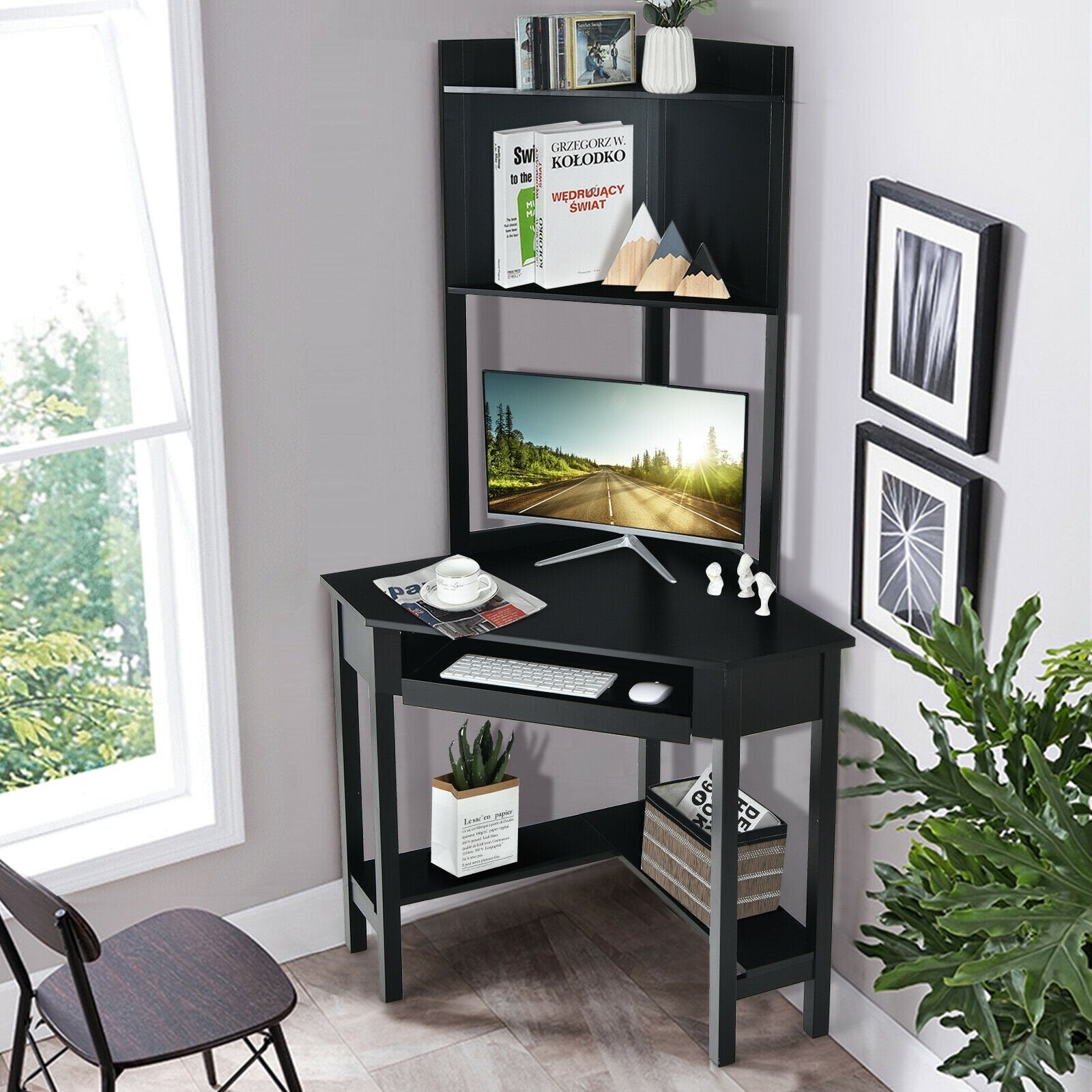 Corner Computer Desk with Hutch and Storage Shelves, Black - Gallery Canada