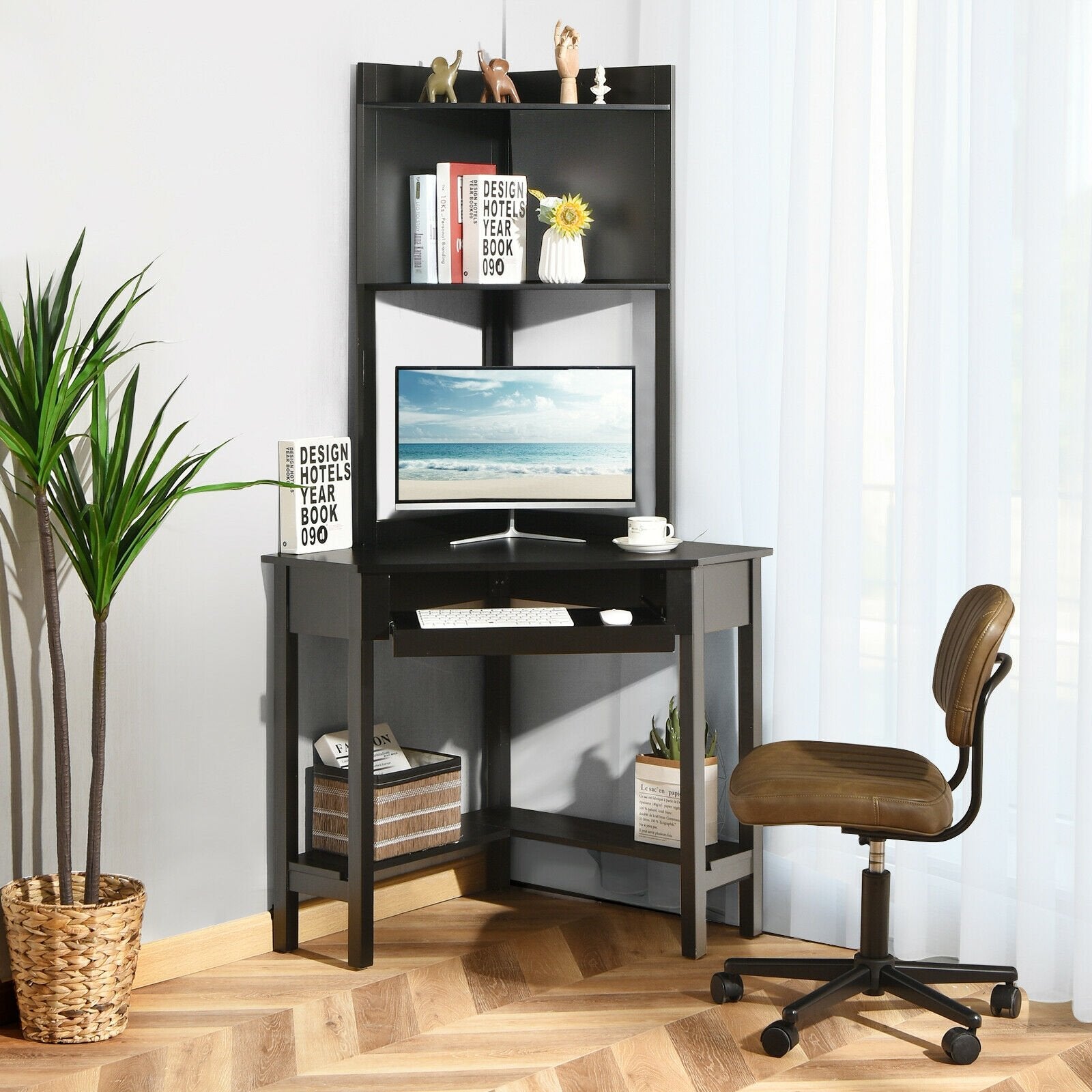 Corner Computer Desk with Hutch and Storage Shelves, Black Corner Desks   at Gallery Canada