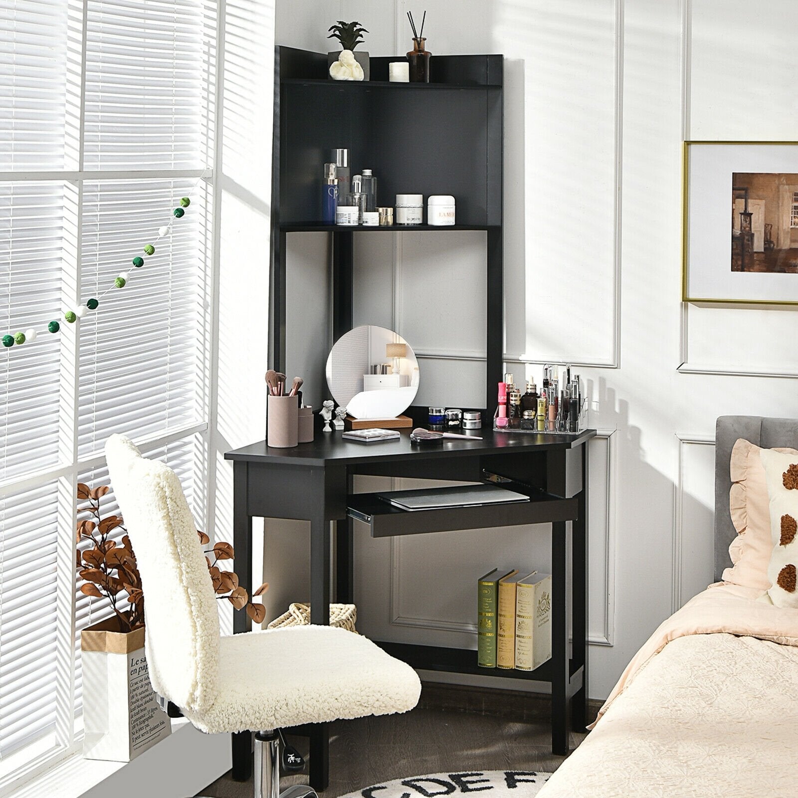 Corner Computer Desk with Hutch and Storage Shelves, Black Corner Desks   at Gallery Canada