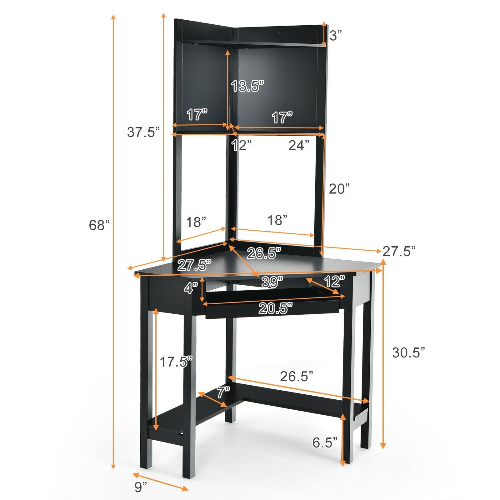 Corner Computer Desk with Hutch and Storage Shelves, Black Corner Desks   at Gallery Canada