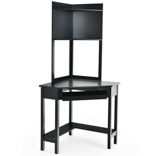 Corner Computer Desk with Hutch and Storage Shelves, Black