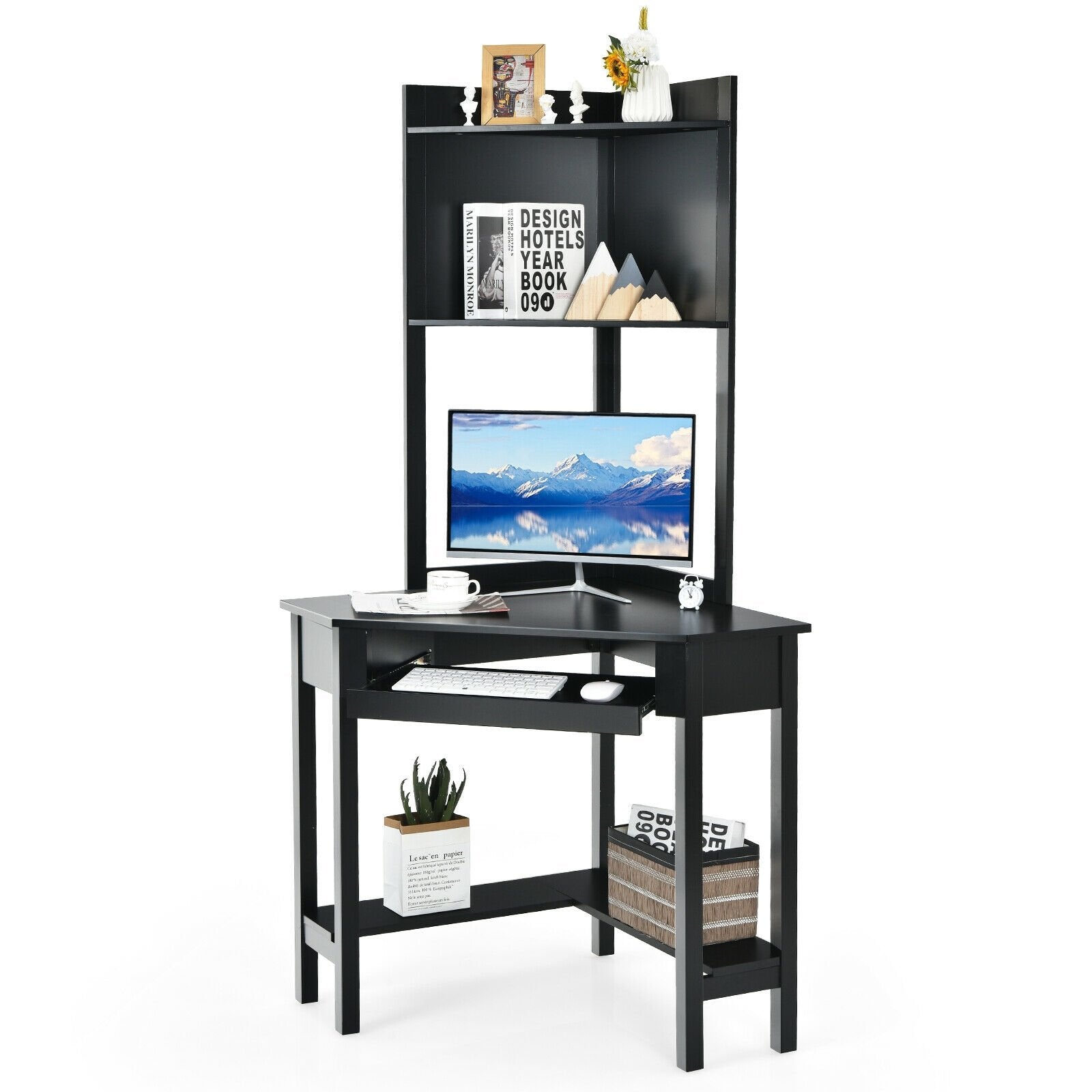 Corner Computer Desk with Hutch and Storage Shelves, Black - Gallery Canada