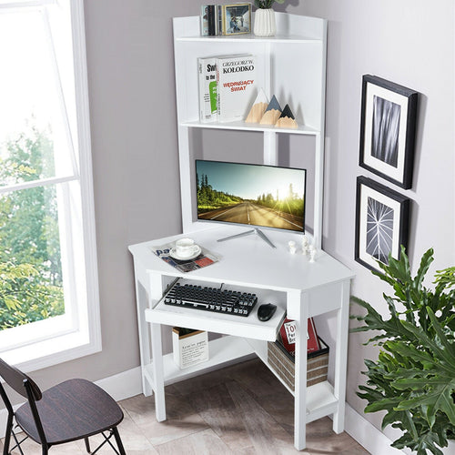 Corner Computer Desk with Hutch and Storage Shelves, White