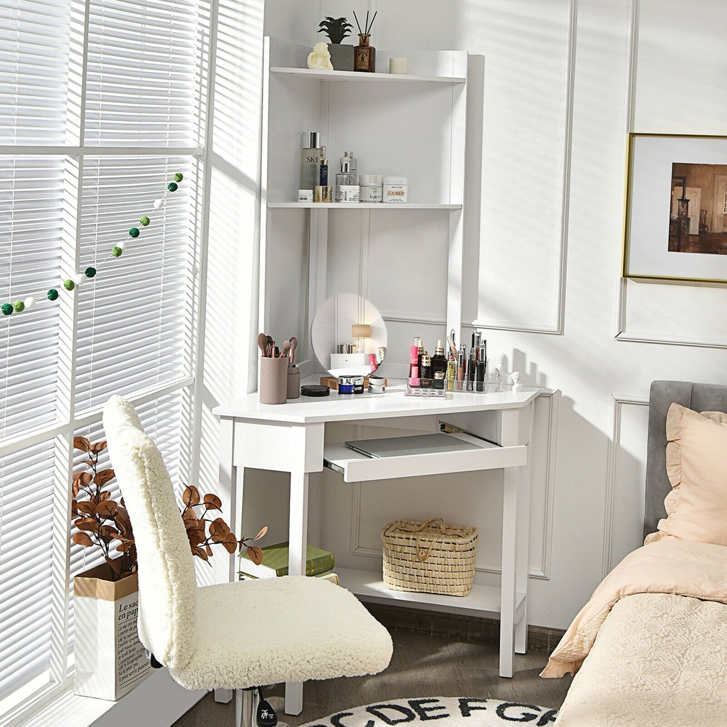 Corner Computer Desk with Hutch and Storage Shelves, White Corner Desks   at Gallery Canada