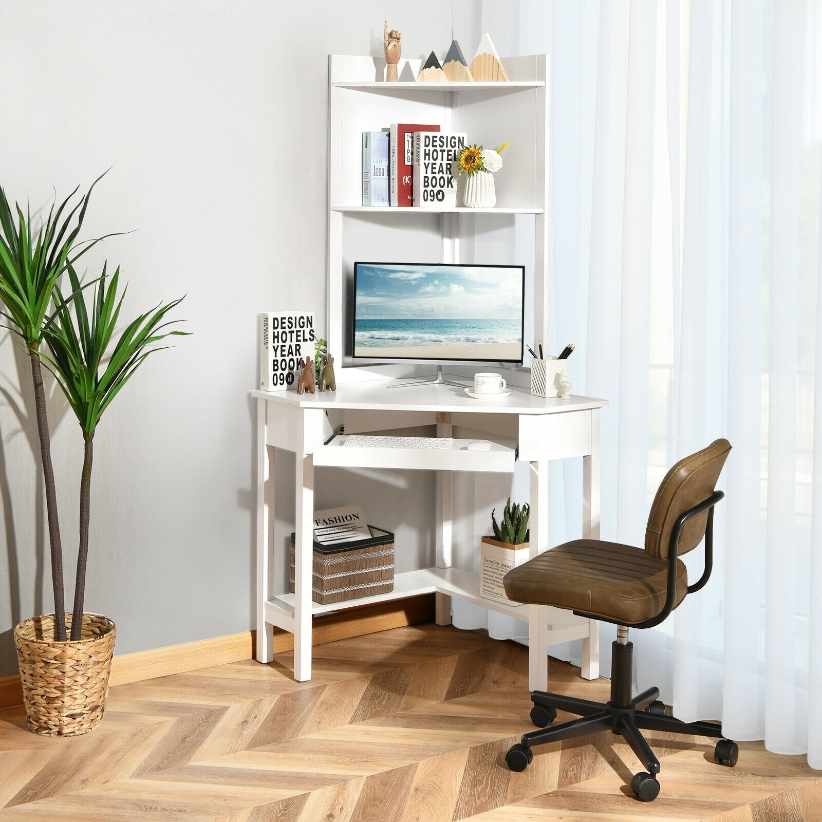 Corner Computer Desk with Hutch and Storage Shelves, White Corner Desks   at Gallery Canada