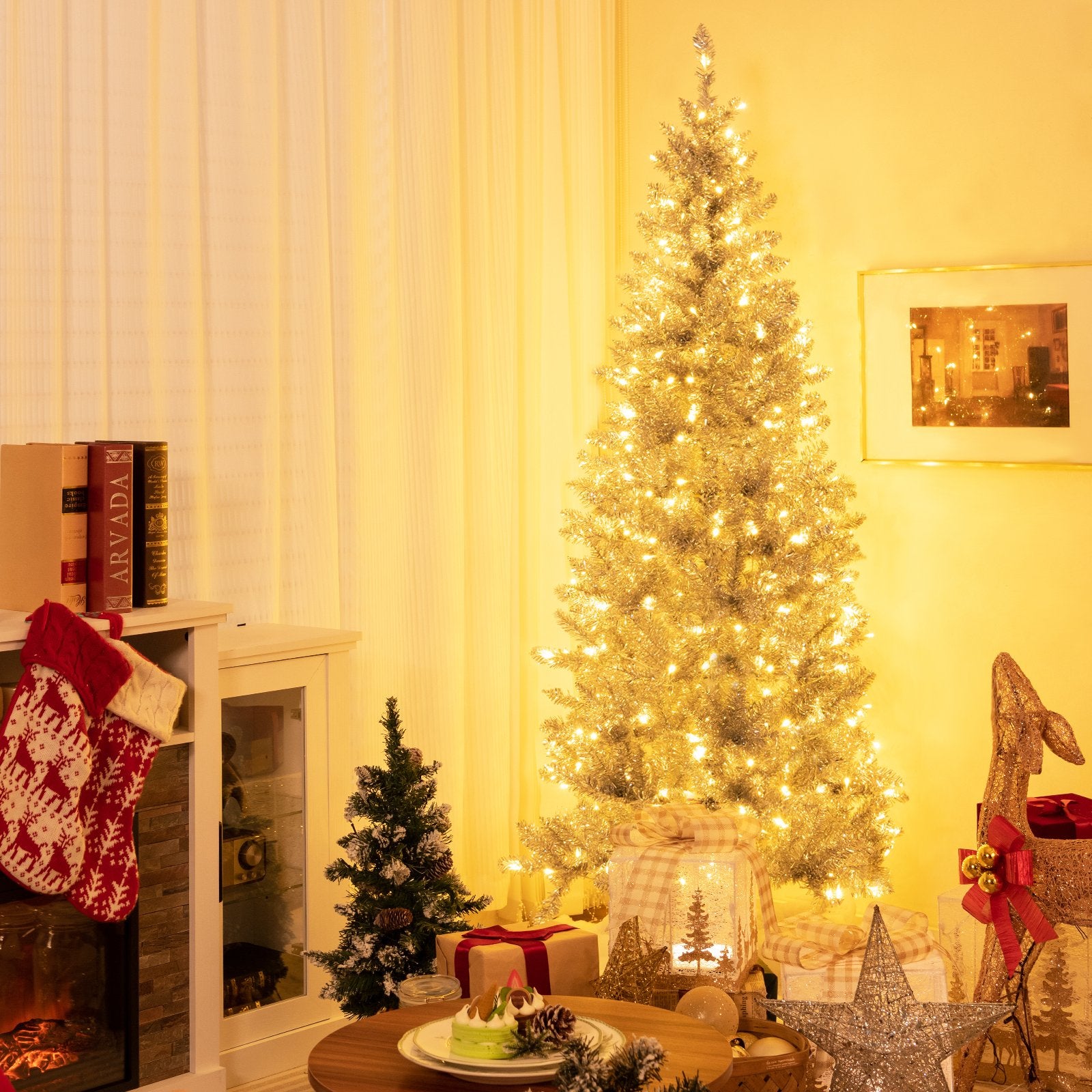 6/7 FT Pre-Lit Artificial Silver Tinsel Xmas Tree with 790 Branch Tips and 300 LED Lights-6 ft, Silver Christmas Tree   at Gallery Canada