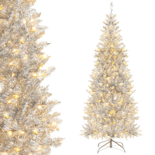 6/7 FT Pre-Lit Artificial Silver Tinsel Xmas Tree with 790 Branch Tips and 300 LED Lights-6 ft, Silver - Gallery Canada