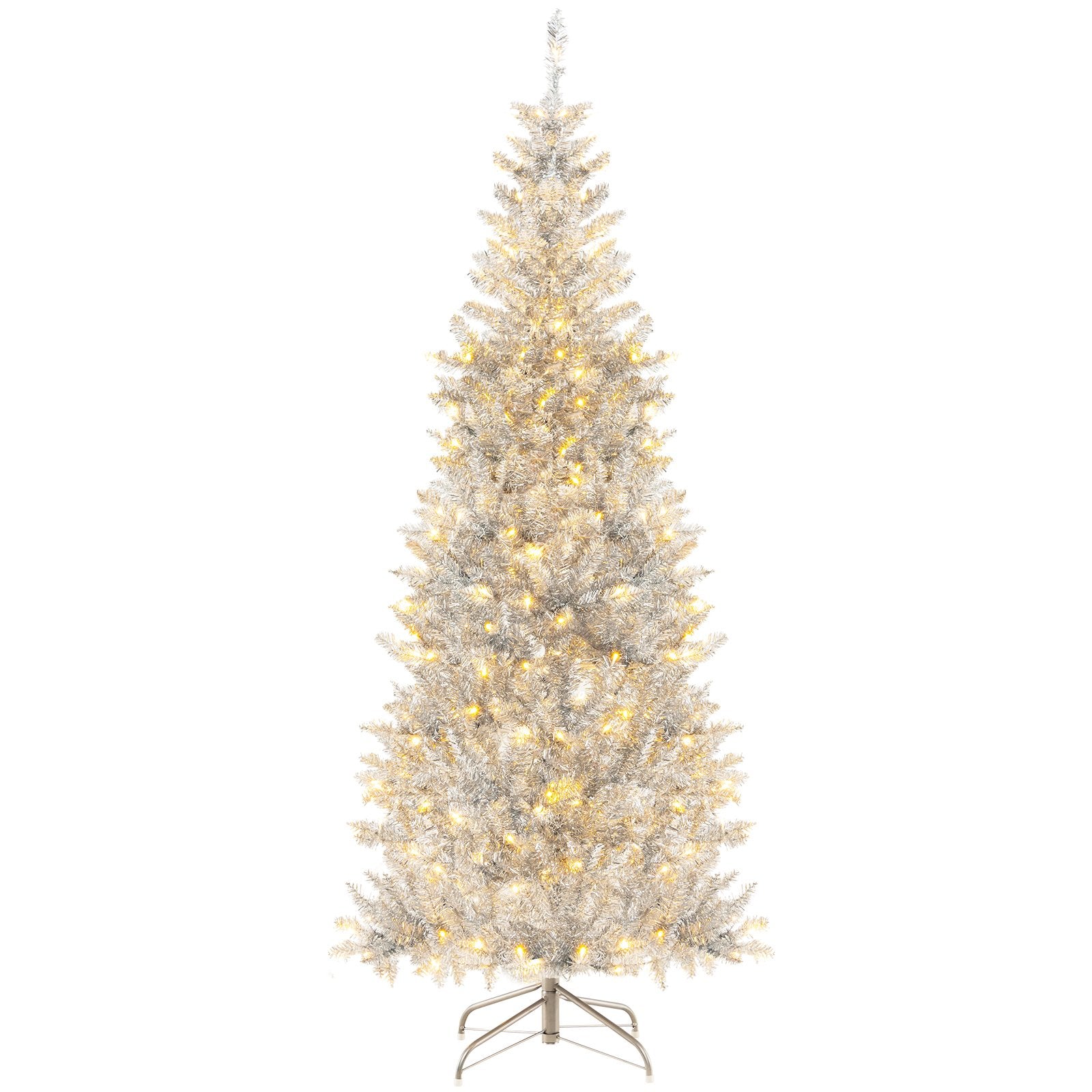 6/7 FT Pre-Lit Artificial Silver Tinsel Xmas Tree with 790 Branch Tips and 300 LED Lights-6 ft, Silver Christmas Tree   at Gallery Canada