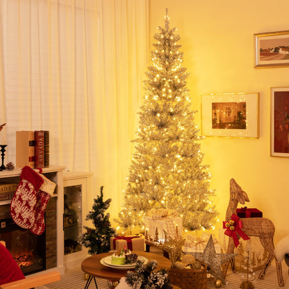 6/7 FT Pre-Lit Artificial Silver Tinsel Xmas Tree with 790 Branch Tips and 300 LED Lights-7 ft, Silver Christmas Tree   at Gallery Canada