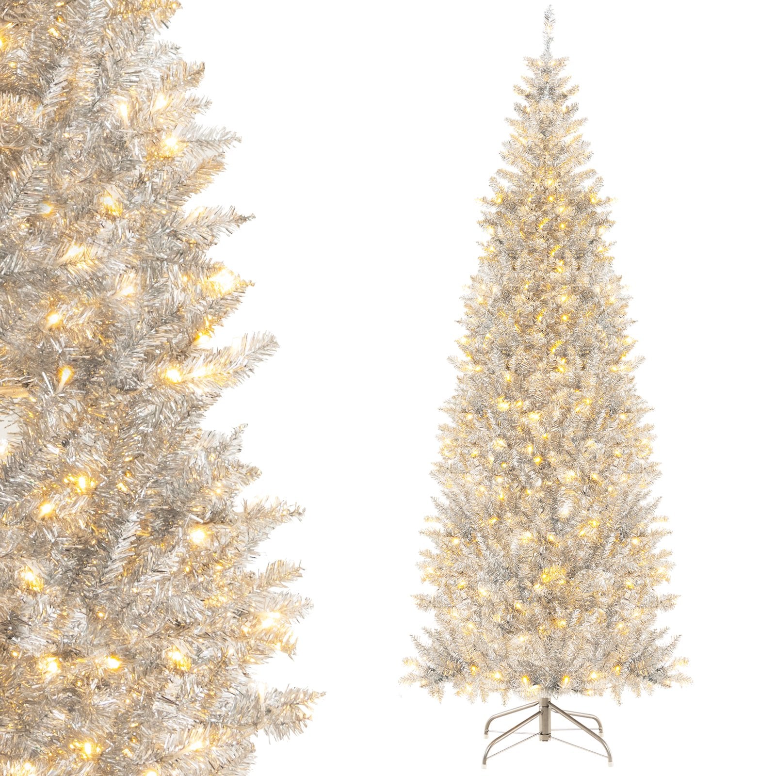 6/7 FT Pre-Lit Artificial Silver Tinsel Xmas Tree with 790 Branch Tips and 300 LED Lights-7 ft, Silver Christmas Tree   at Gallery Canada