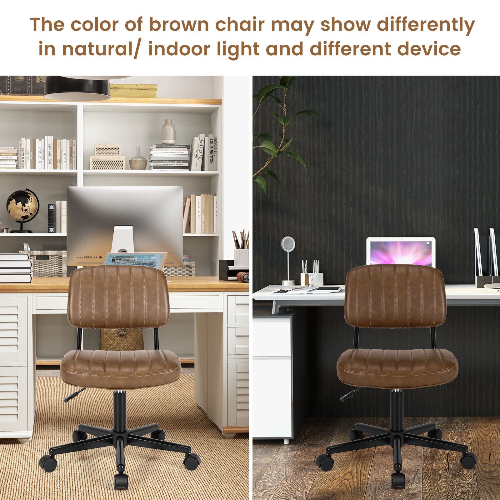 PU Leather Adjustable Office Chair  Swivel Task Chair with Backrest, Brown Armless Chairs   at Gallery Canada