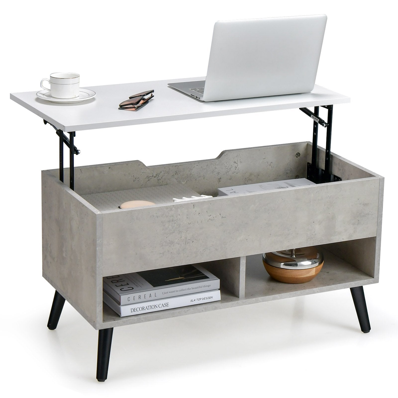 31.5 Inch Lift Top Coffee Table with Hidden Compartment and 2 Storage Shelves, Gray Coffee Tables   at Gallery Canada