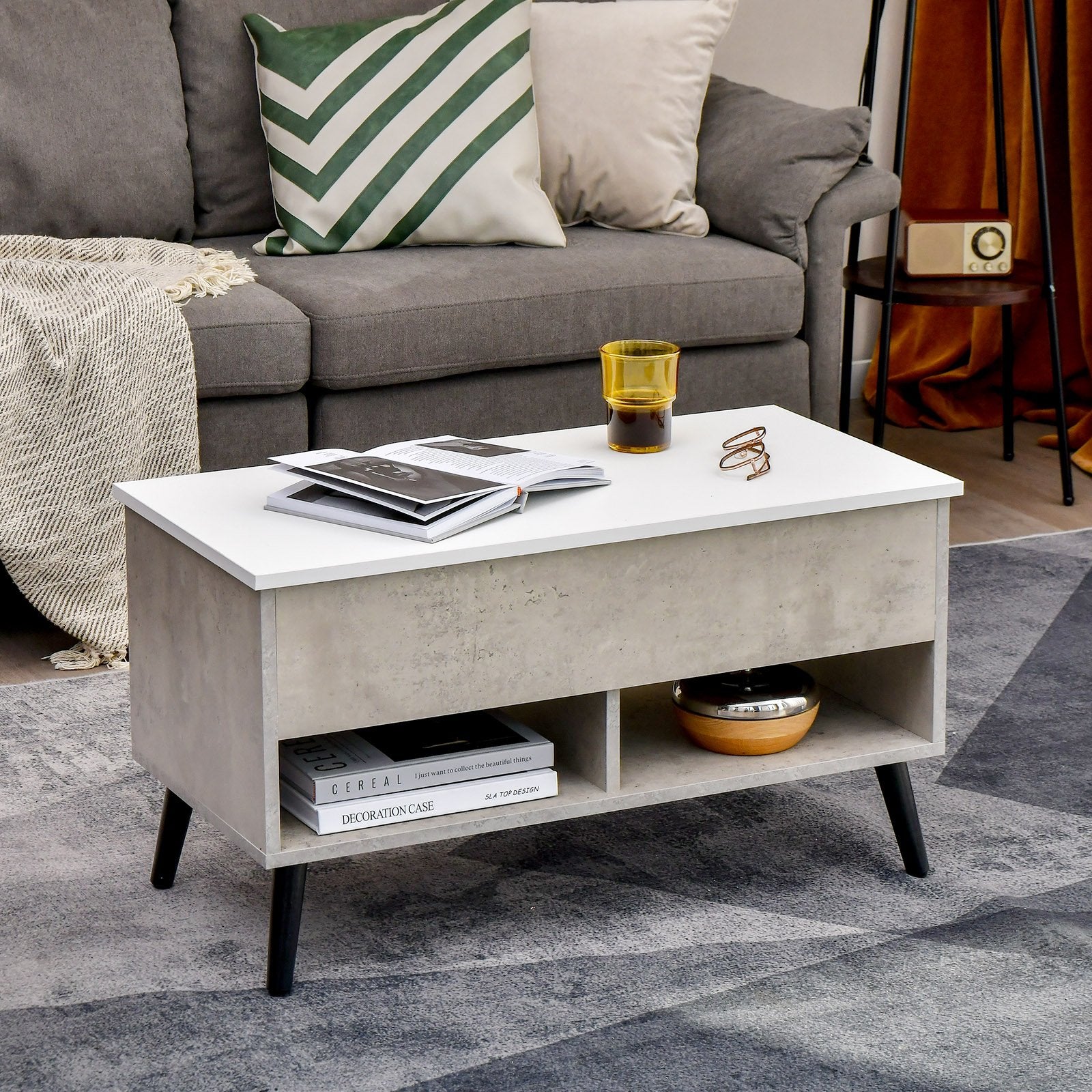 31.5 Inch Lift Top Coffee Table with Hidden Compartment and 2 Storage Shelves, Gray Coffee Tables   at Gallery Canada