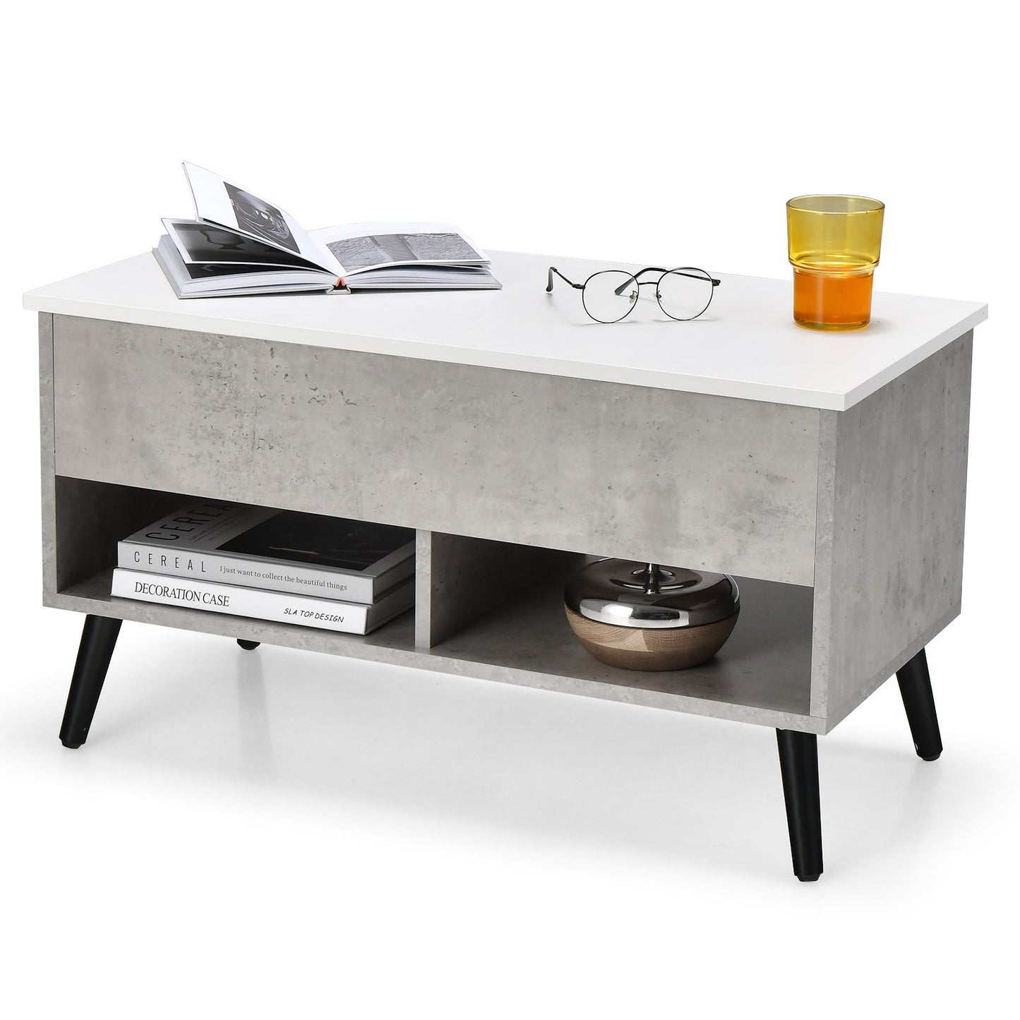 31.5 Inch Lift Top Coffee Table with Hidden Compartment and 2 Storage Shelves, Gray Coffee Tables   at Gallery Canada