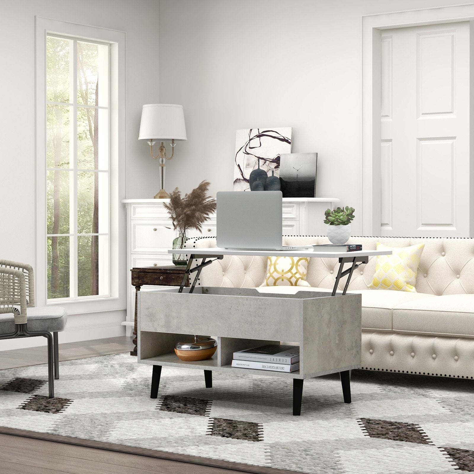 31.5 Inch Lift Top Coffee Table with Hidden Compartment and 2 Storage Shelves, Gray Coffee Tables   at Gallery Canada