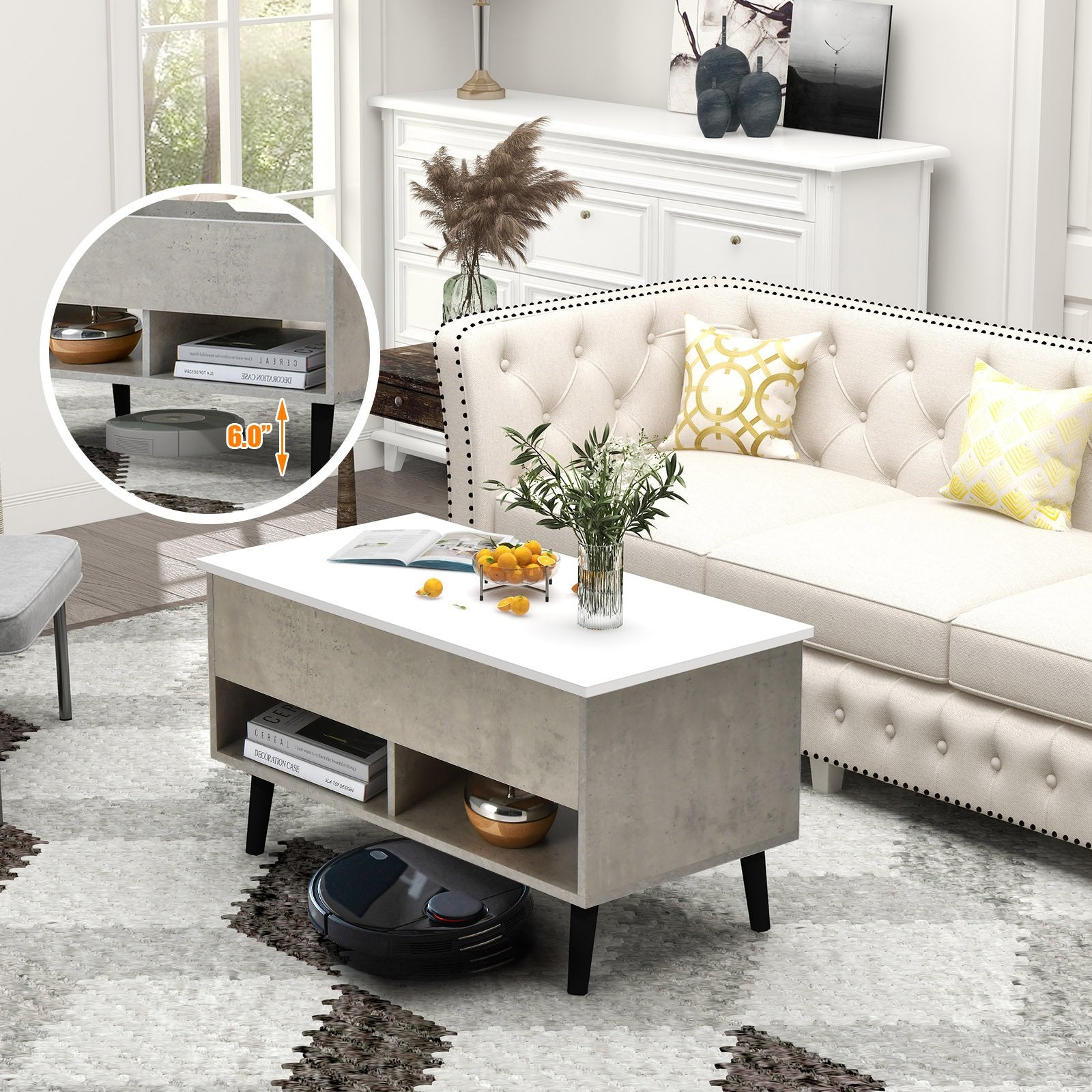 31.5 Inch Lift Top Coffee Table with Hidden Compartment and 2 Storage Shelves, Gray Coffee Tables   at Gallery Canada