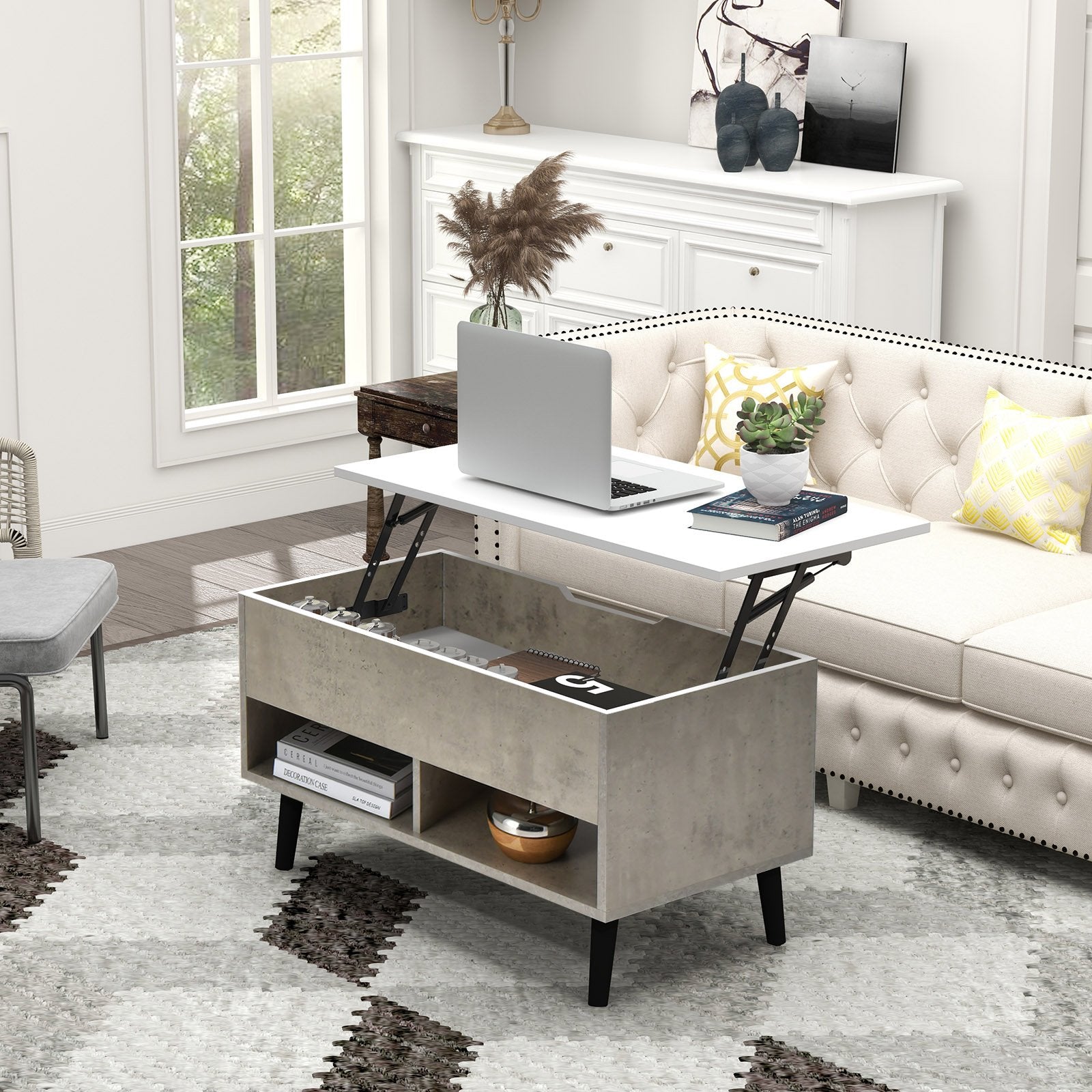 31.5 Inch Lift Top Coffee Table with Hidden Compartment and 2 Storage Shelves, Gray Coffee Tables   at Gallery Canada