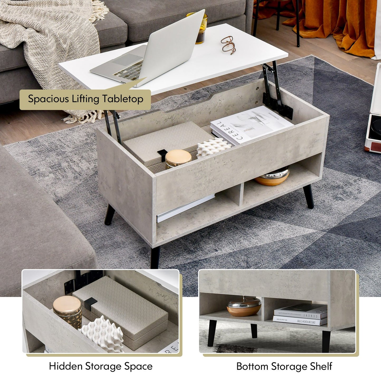 31.5 Inch Lift Top Coffee Table with Hidden Compartment and 2 Storage Shelves, Gray Coffee Tables   at Gallery Canada