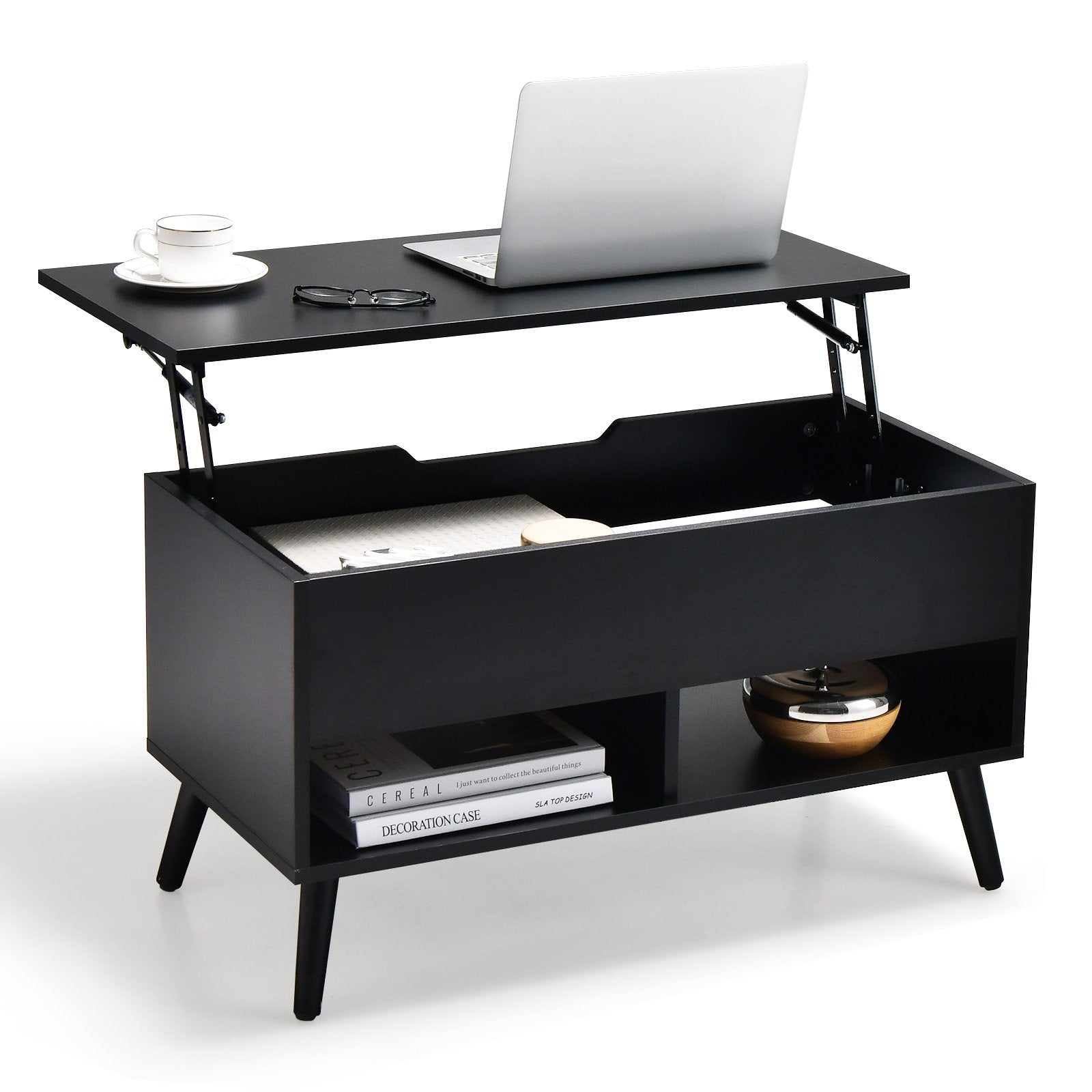 31.5 Inch Lift Top Coffee Table with Hidden Compartment and 2 Storage Shelves, Black Coffee Tables   at Gallery Canada