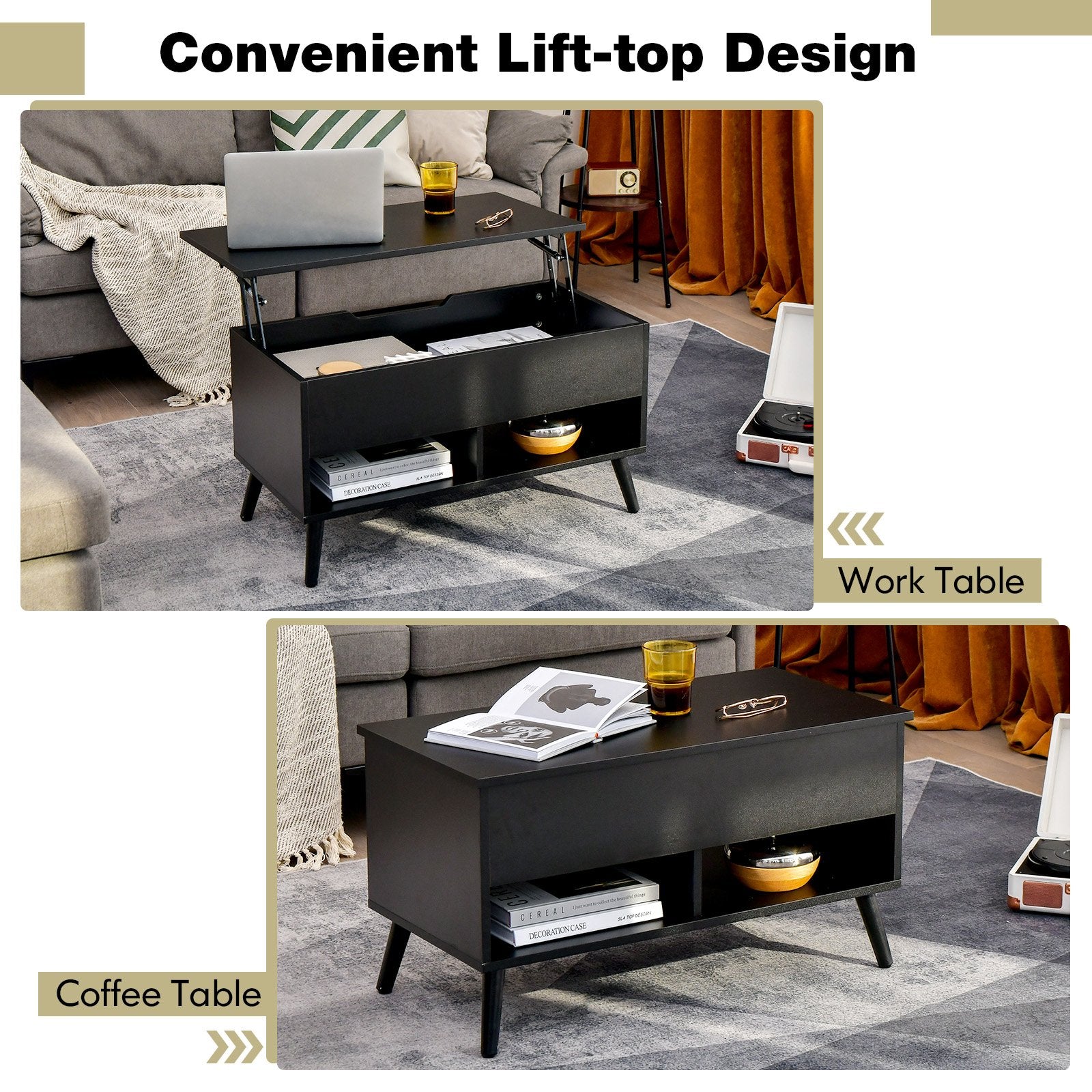 31.5 Inch Lift Top Coffee Table with Hidden Compartment and 2 Storage Shelves, Black Coffee Tables   at Gallery Canada