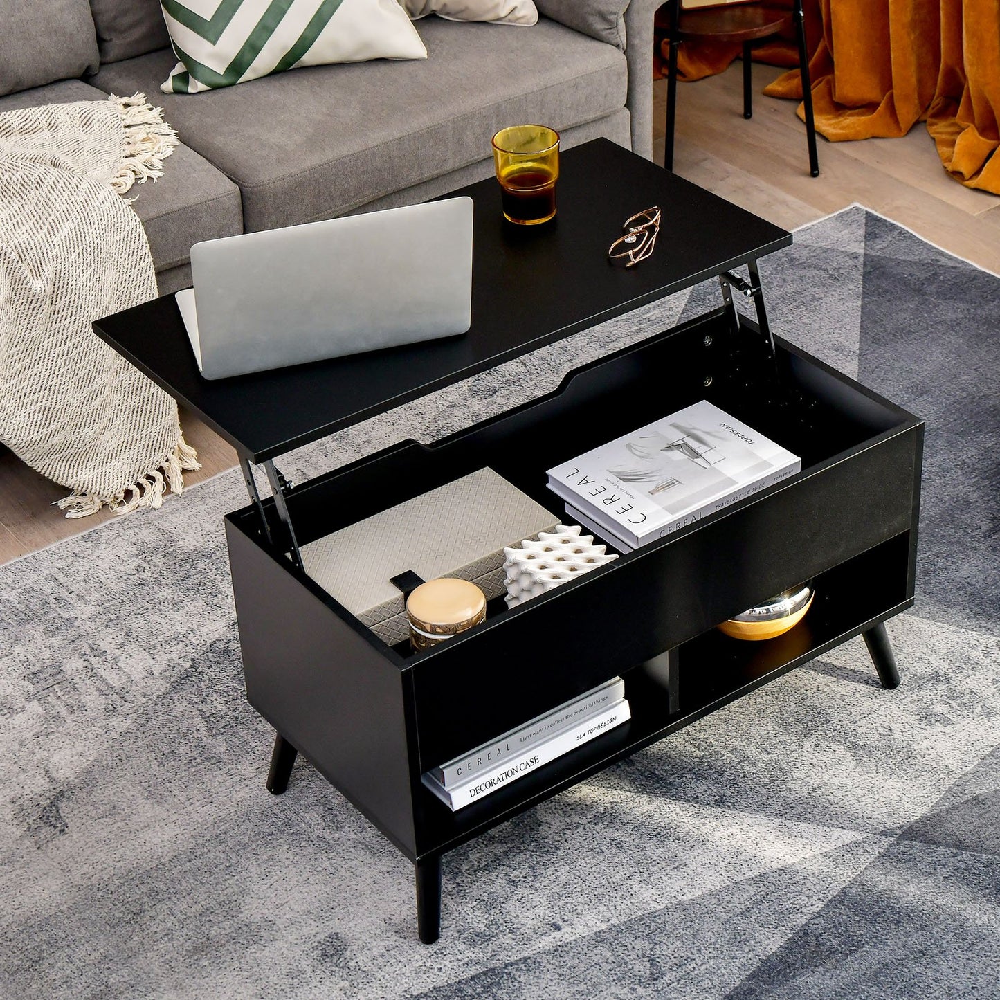 31.5 Inch Lift Top Coffee Table with Hidden Compartment and 2 Storage Shelves, Black Coffee Tables   at Gallery Canada