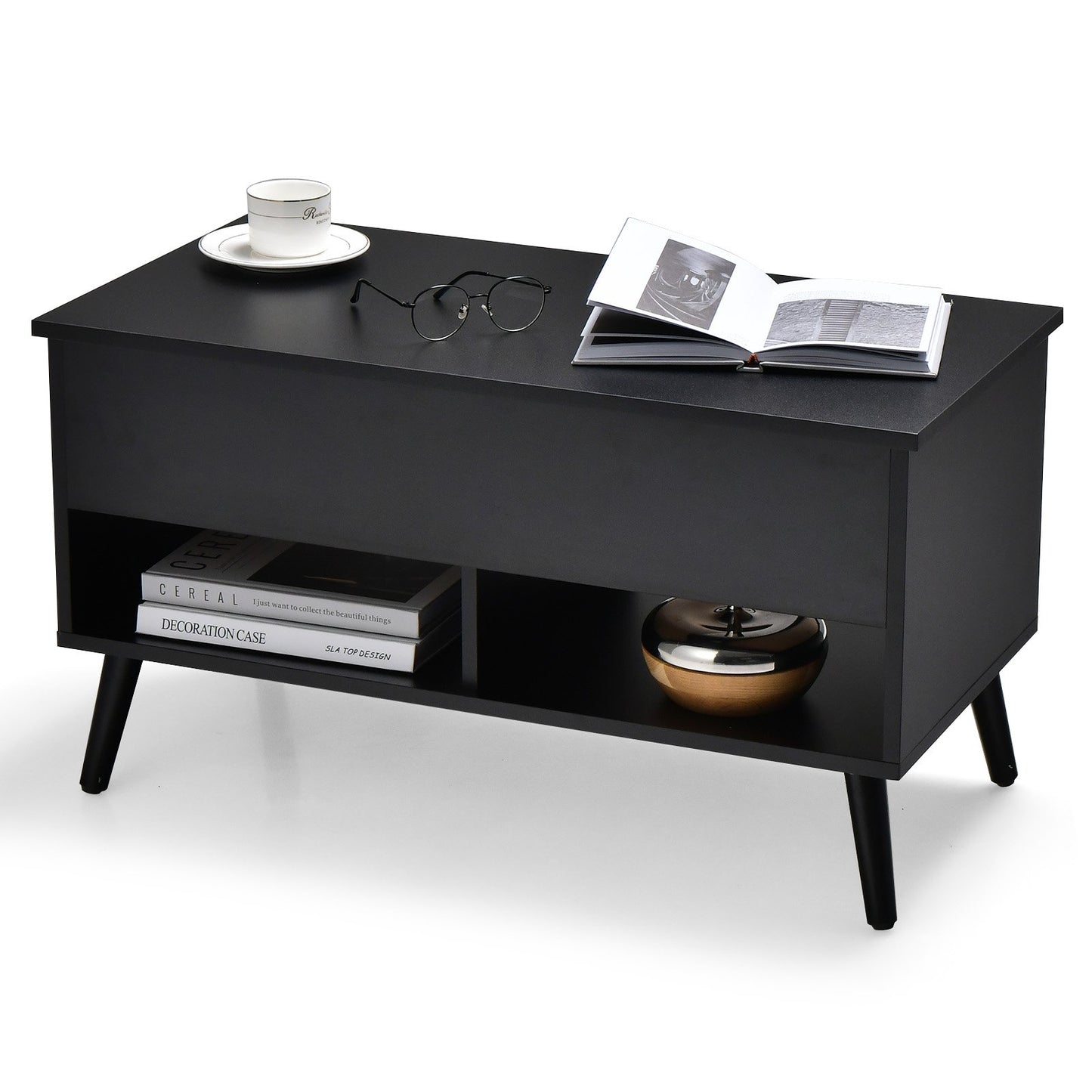 31.5 Inch Lift Top Coffee Table with Hidden Compartment and 2 Storage Shelves, Black Coffee Tables   at Gallery Canada