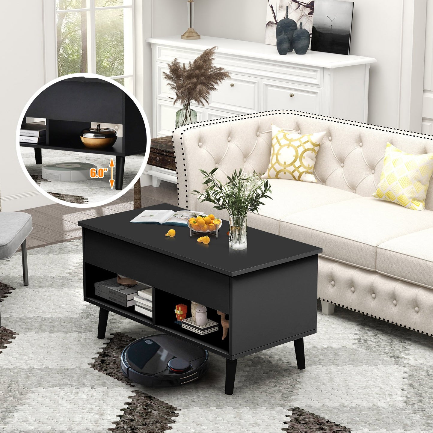 31.5 Inch Lift Top Coffee Table with Hidden Compartment and 2 Storage Shelves, Black Coffee Tables   at Gallery Canada