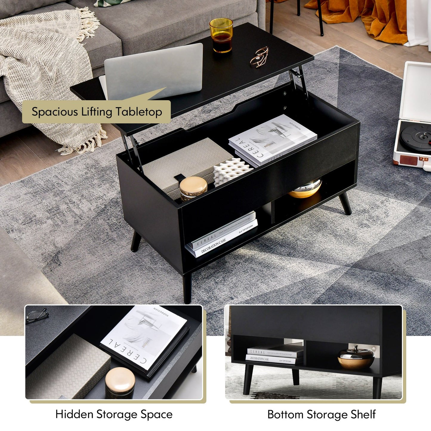 31.5 Inch Lift Top Coffee Table with Hidden Compartment and 2 Storage Shelves, Black Coffee Tables   at Gallery Canada