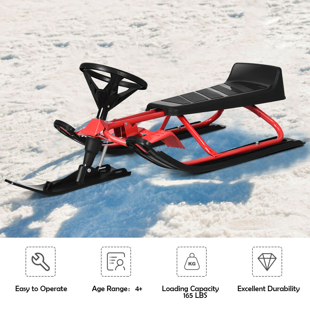 Kids Snow Sled with Steering Wheel and Double Brakes Pull Rope, Red Winter Sports & Activities   at Gallery Canada