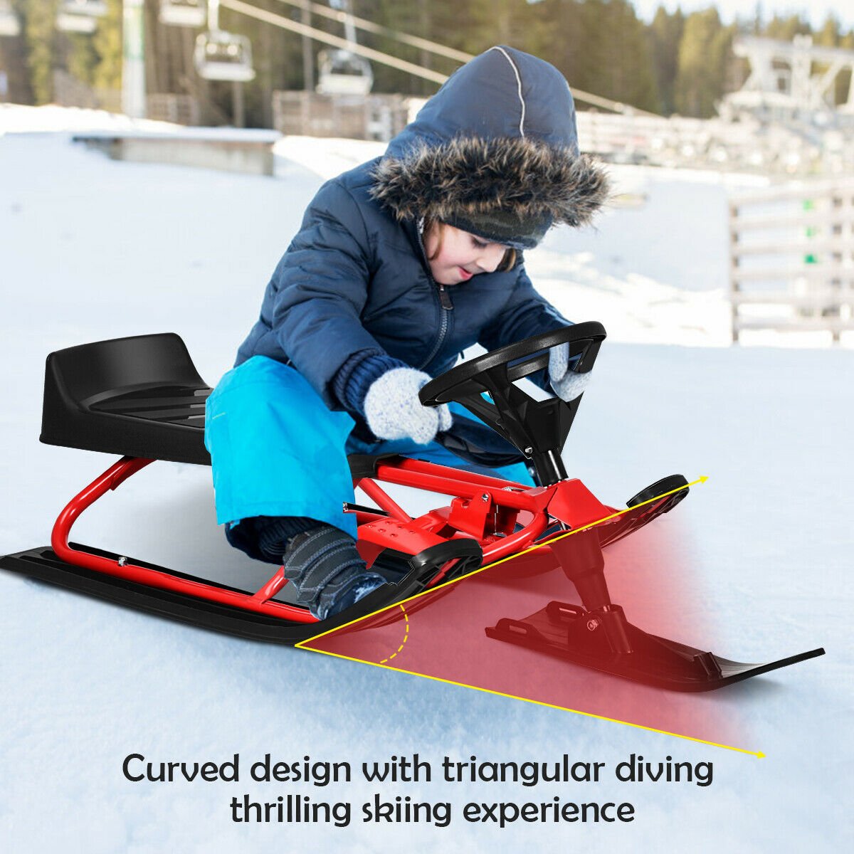 Kids Snow Sled with Steering Wheel and Double Brakes Pull Rope, Red - Gallery Canada